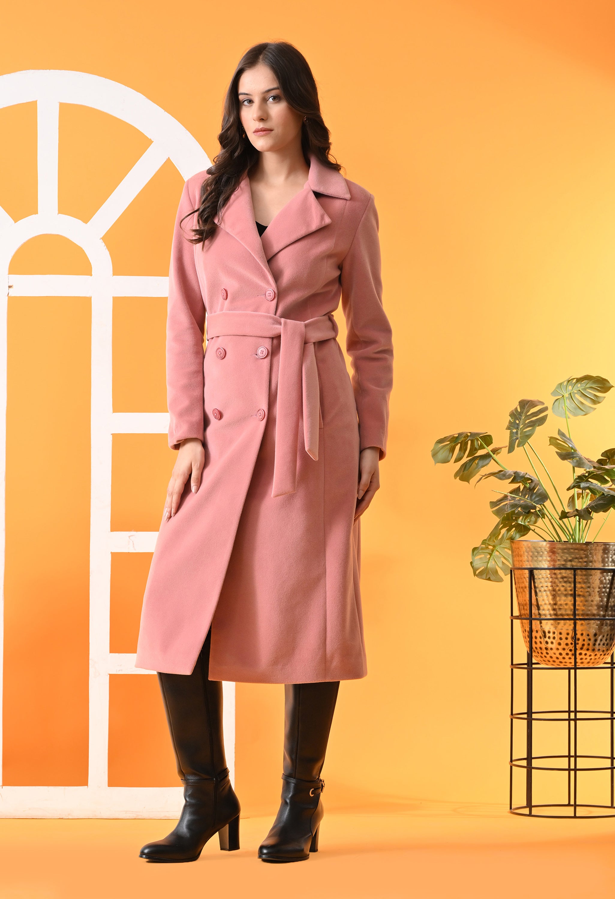 Notched Lapel Double-Breasted Trench Pink Coat For Women
