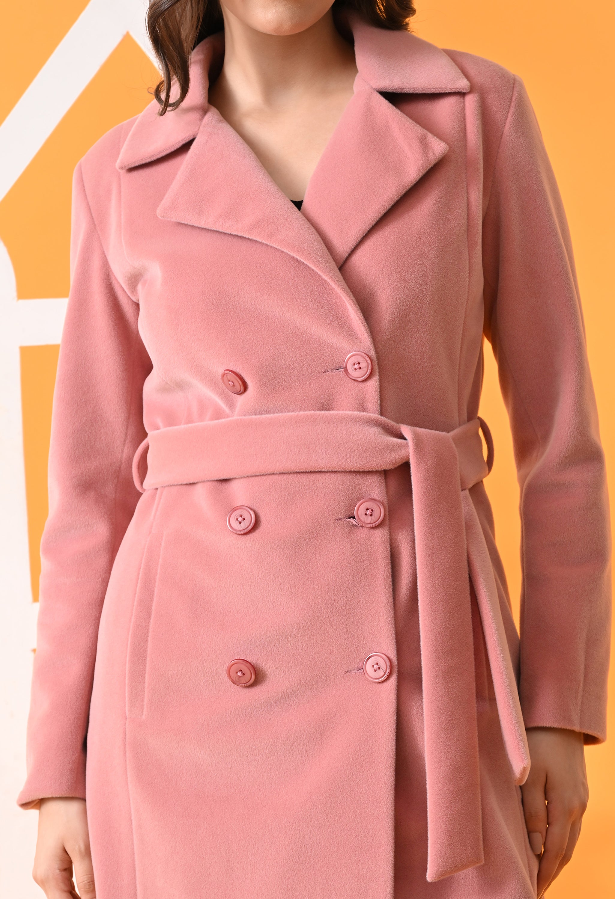 Notched Lapel Double-Breasted Trench Pink Coat For Women