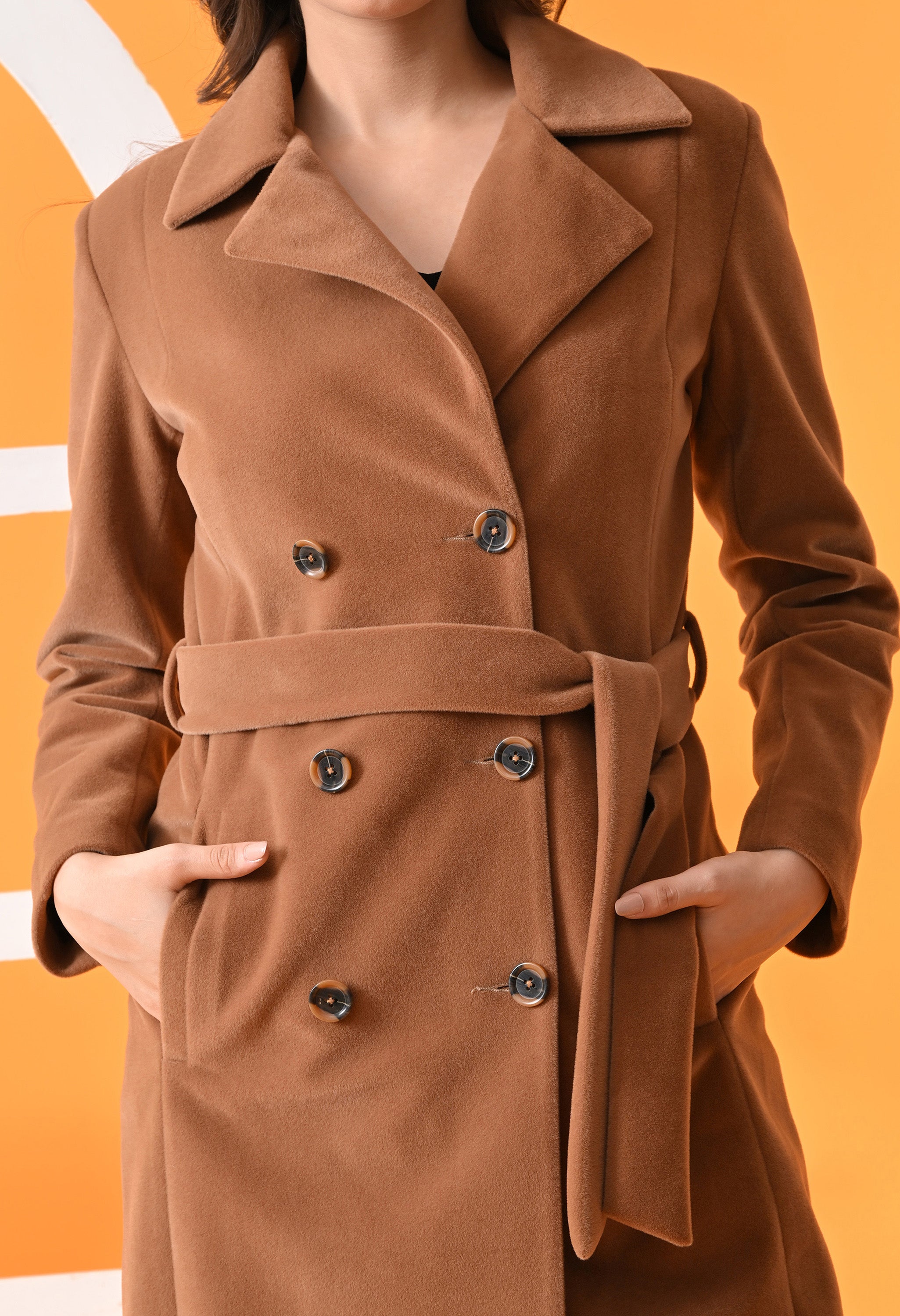Notched Lapel Double-Breasted Trench Tan Coat For Women