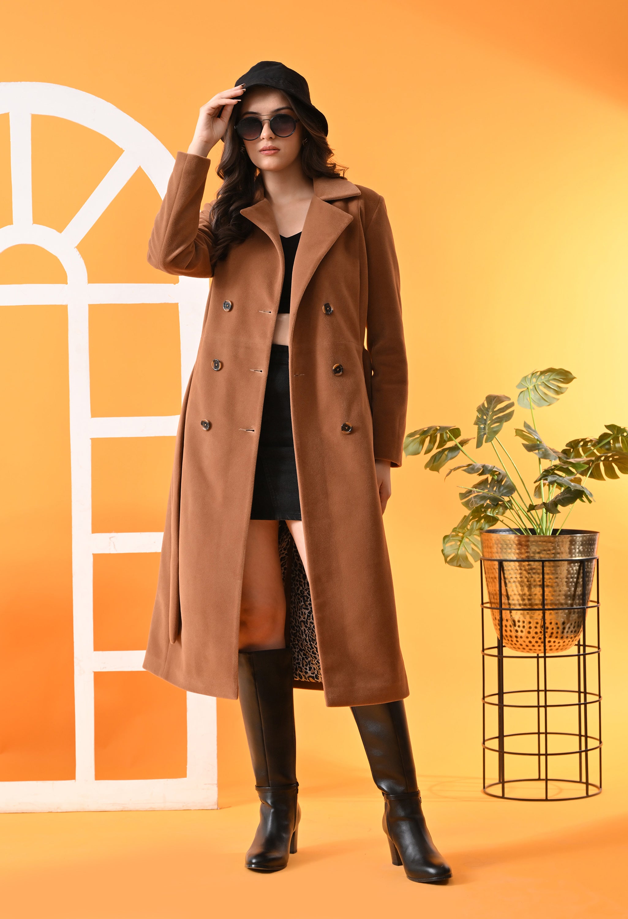 Notched Lapel Double-Breasted Trench Tan Coat For Women