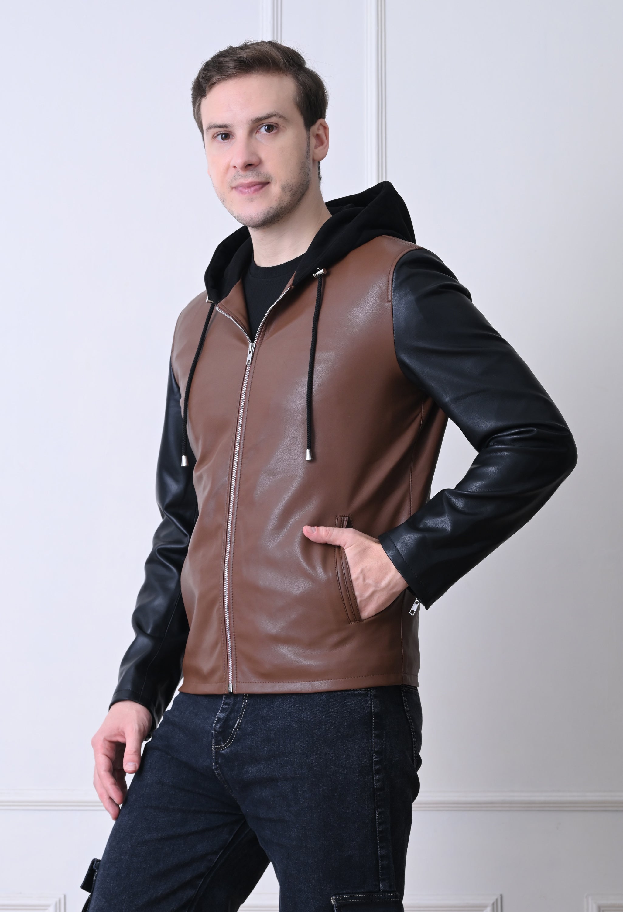 Men Hood Collar Solid Casual Biker Jacket