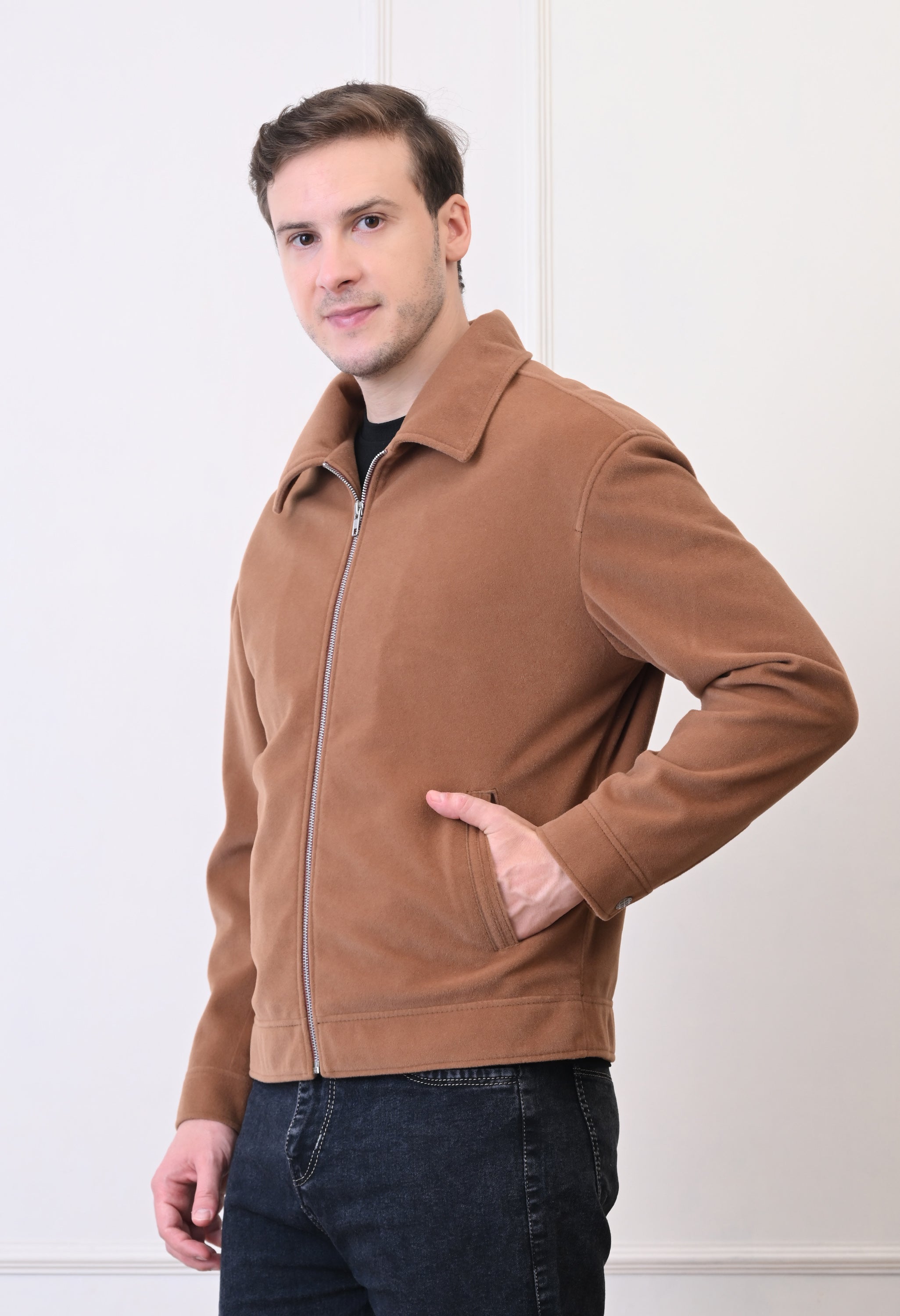 Men Suede Lightweight Tan Bomber Jacket