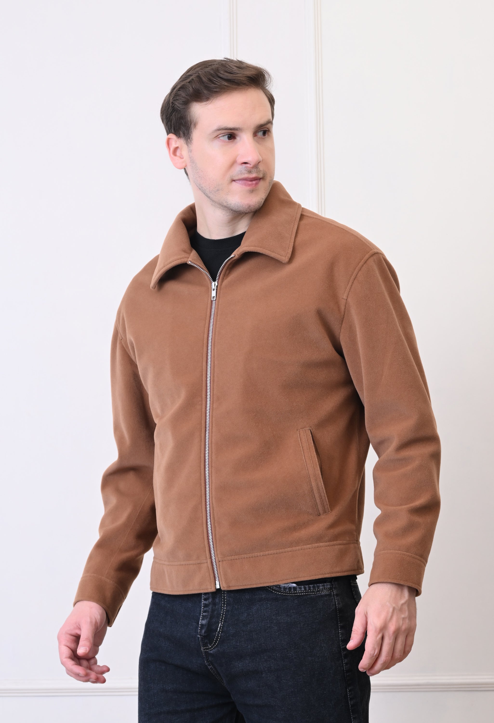 Men Suede Lightweight Tan Bomber Jacket