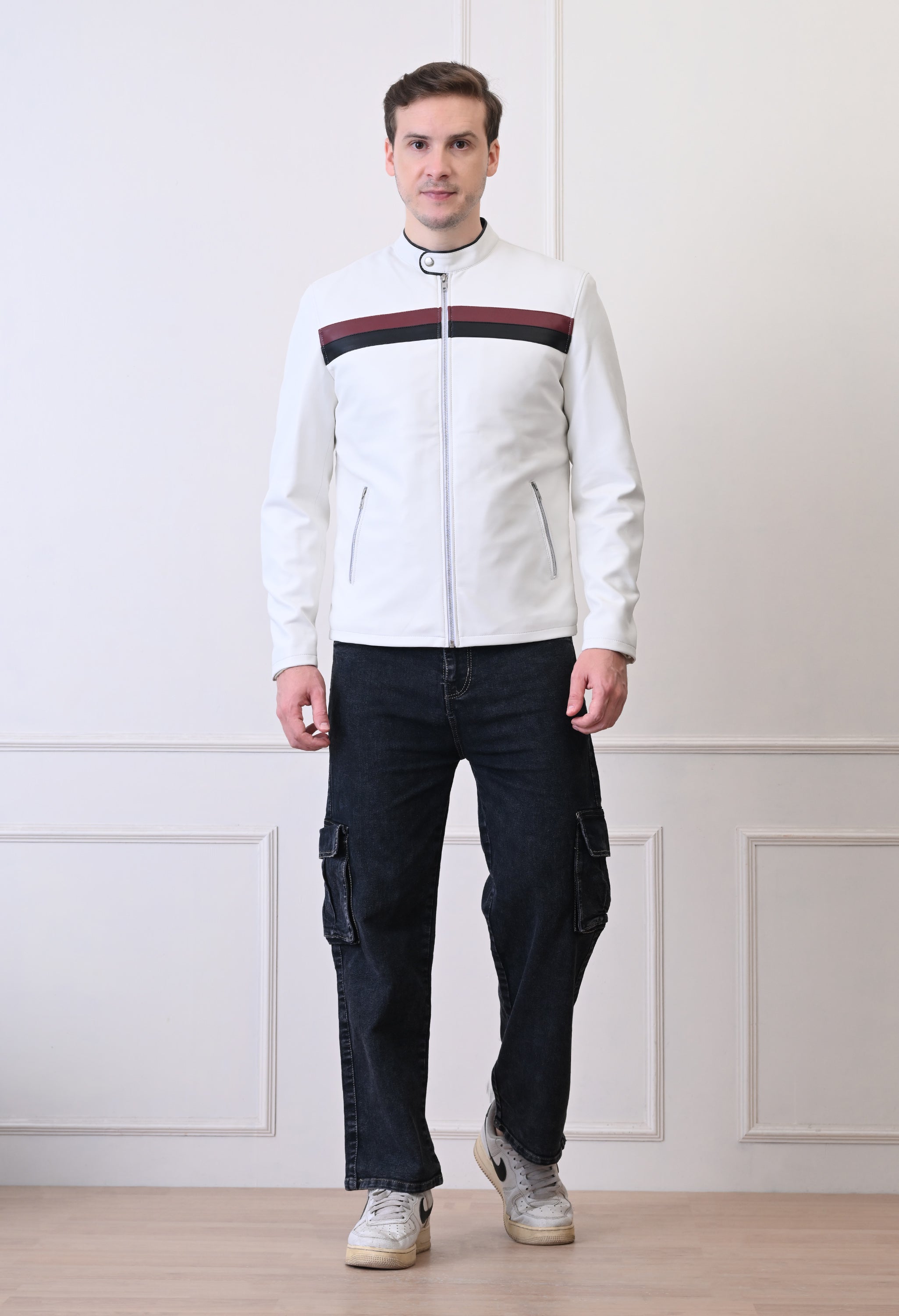 Men Lapel Collar Solid Casual White Biker Jacket