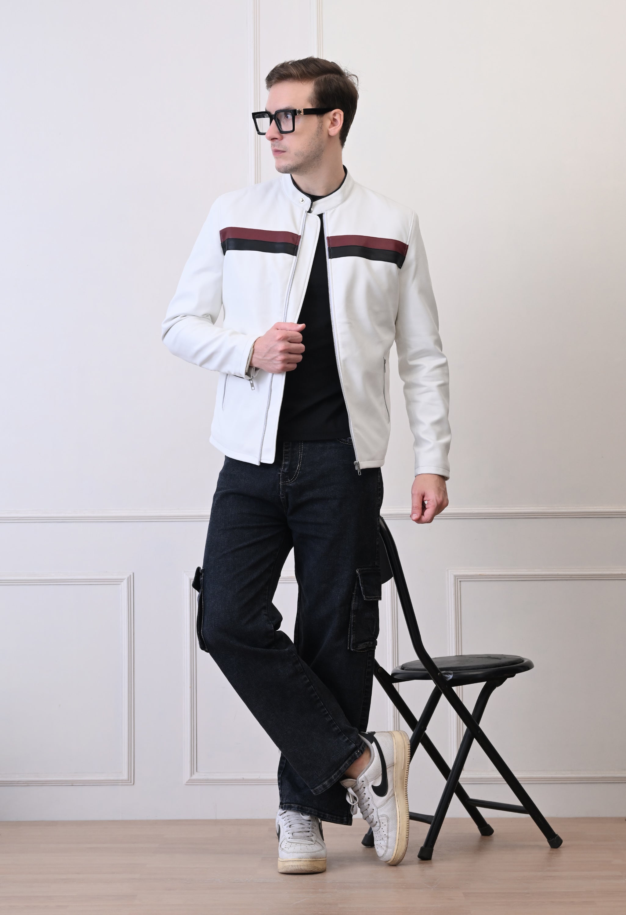 Men Lapel Collar Solid Casual White Biker Jacket