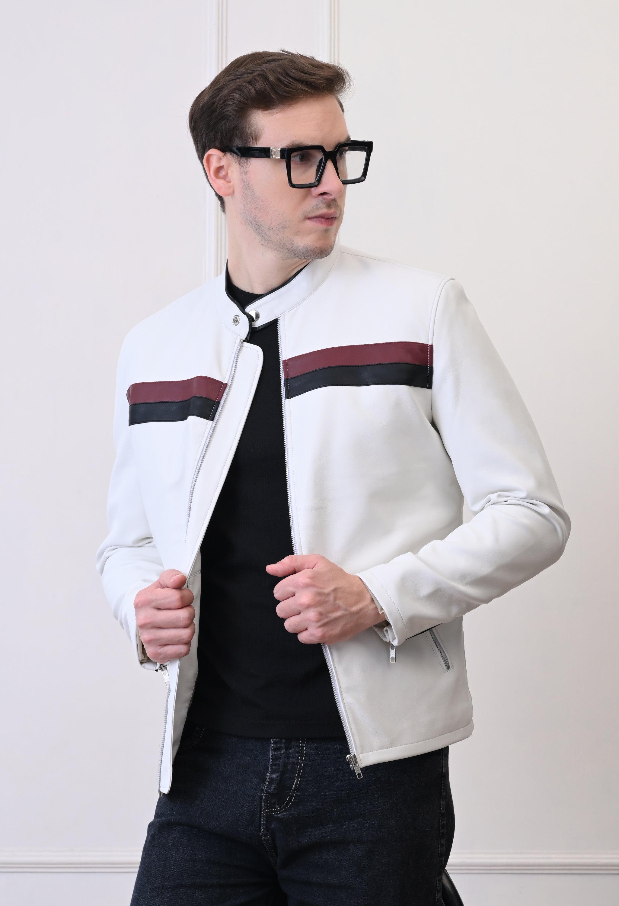 Men Lapel Collar Solid Casual White Biker Jacket