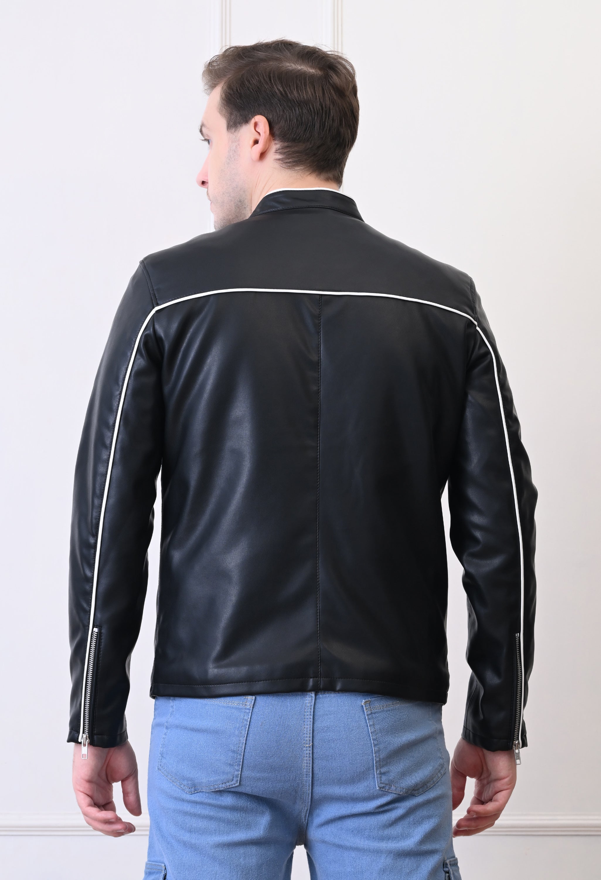 Men Lapel Collar Solid Casual Black Biker Jacket
