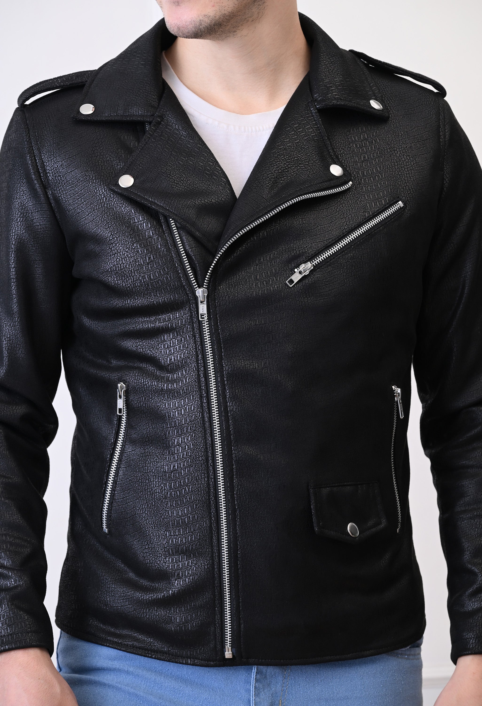Men Lapel Collar Solid Water Resistant Leather Jacket