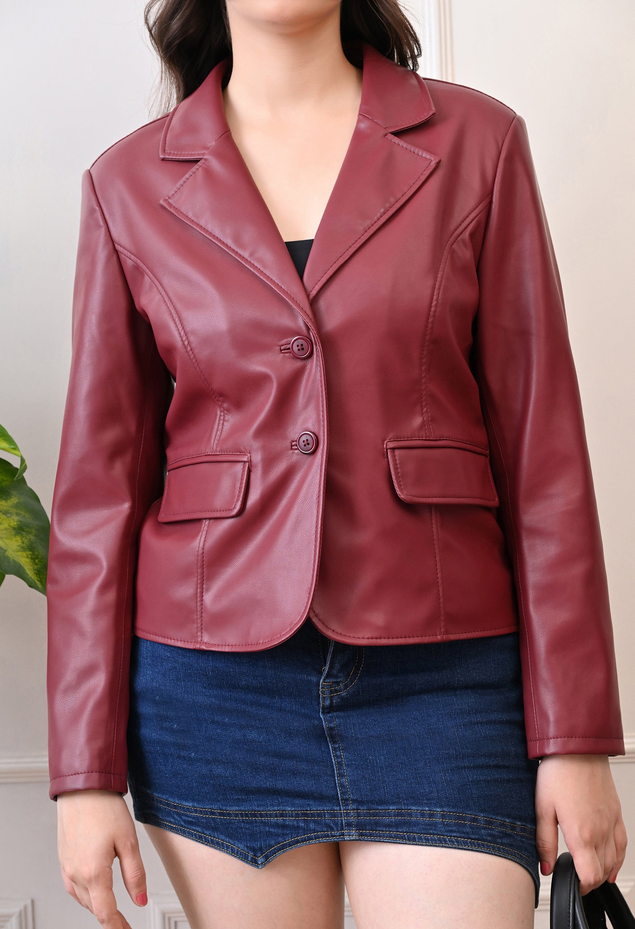 Lapel Collar Leather Water Resistant Crop Outdoor Bomber Maroon Jacket For Women