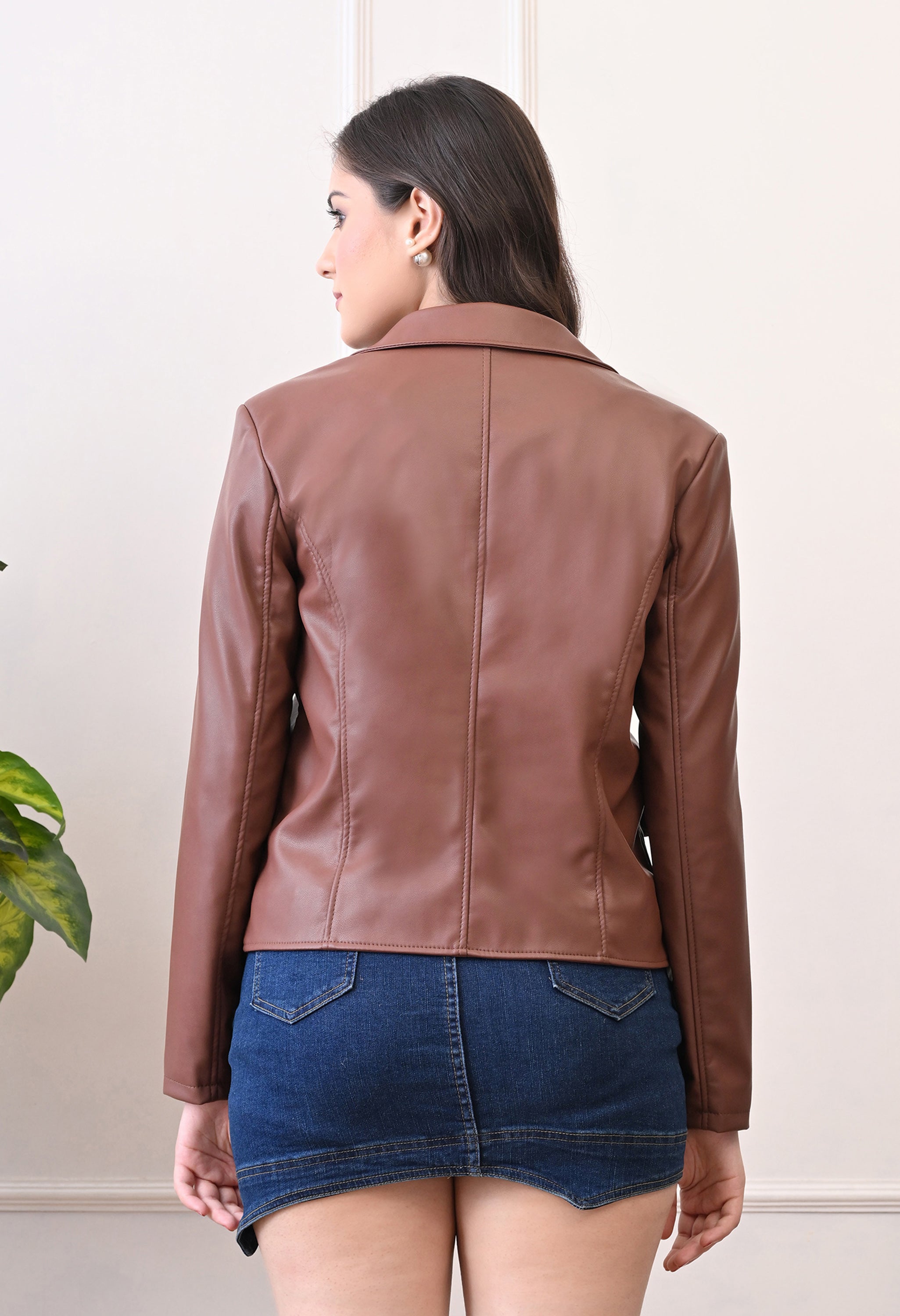 Lapel Collar Leather Water Resistant Crop Outdoor Bomber Tan Jacket For Women.