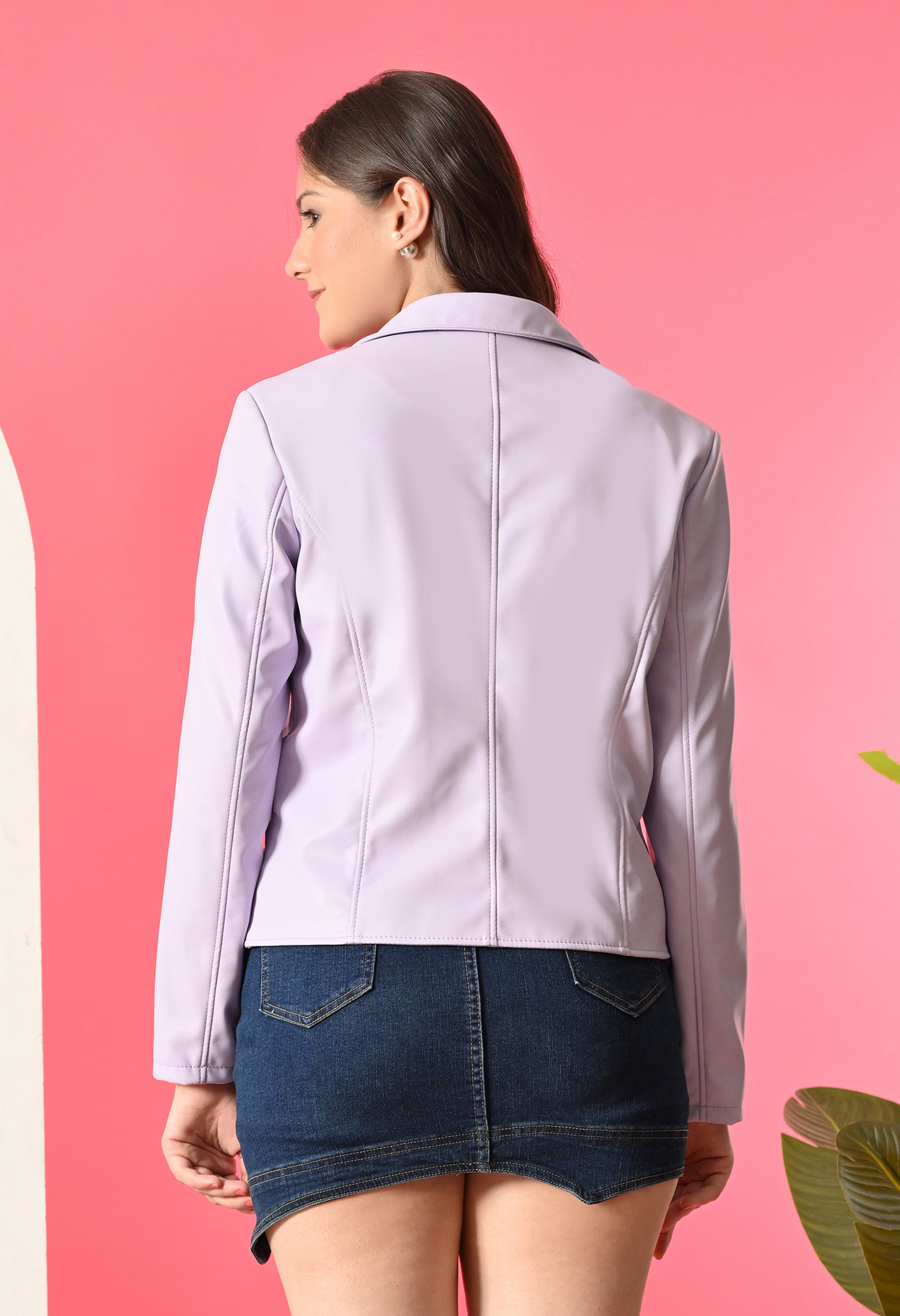 Lapel Collar Leather Water Resistant Crop Outdoor Bomber Lavender Jacket For Women.