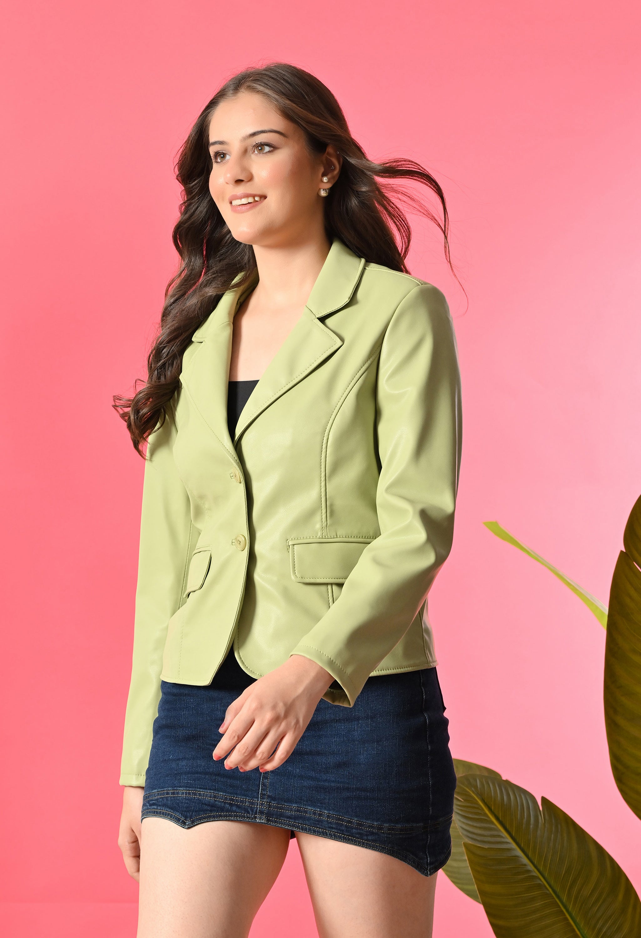 Lapel Collar Leather Water Resistant Crop Outdoor Bomber Neon Jacket For Women.