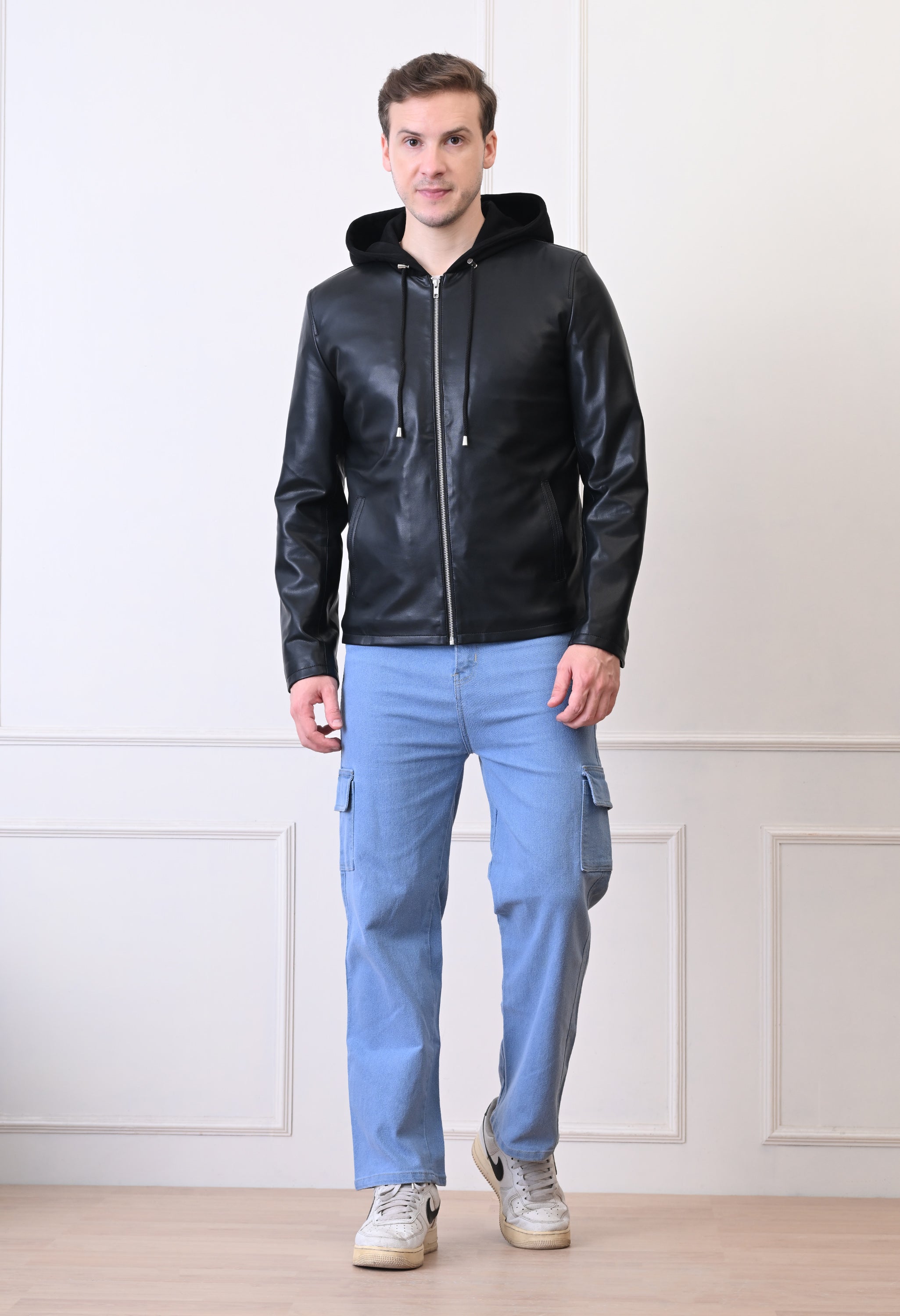 Men Hood Collar Solid Casual Biker Jacket
