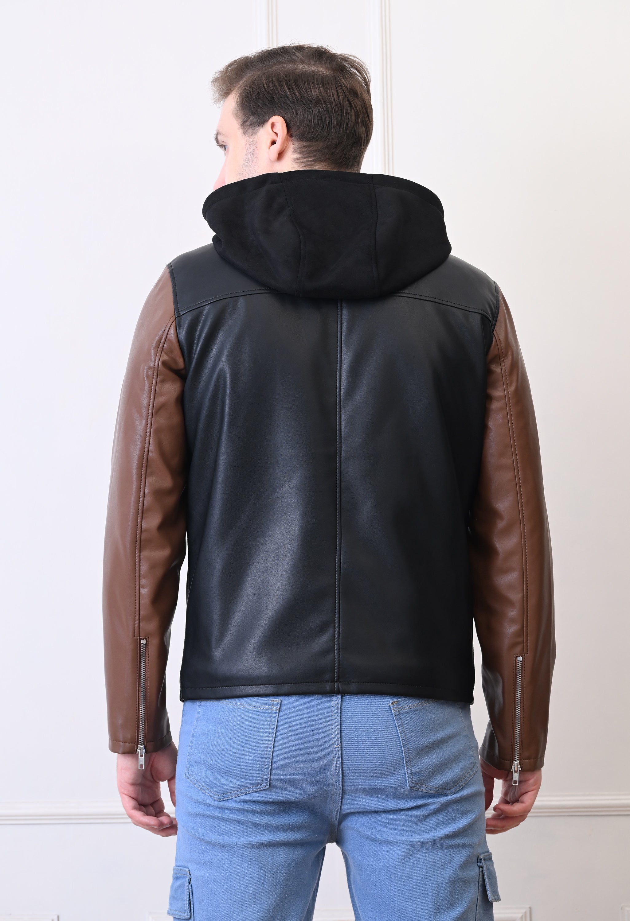 Men Hood Collar Solid Casual Biker Jacket