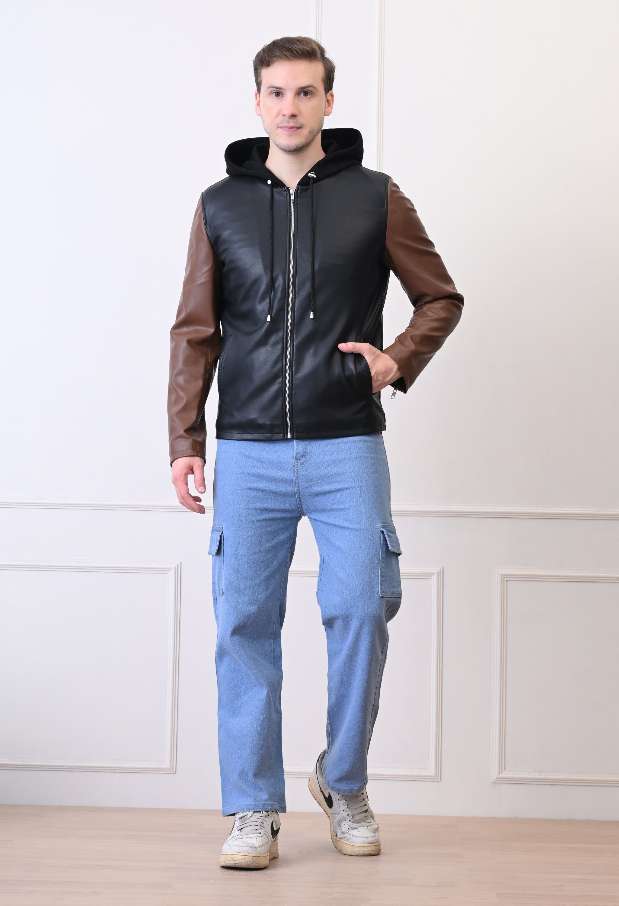 Men Hood Collar Solid Casual Biker Jacket