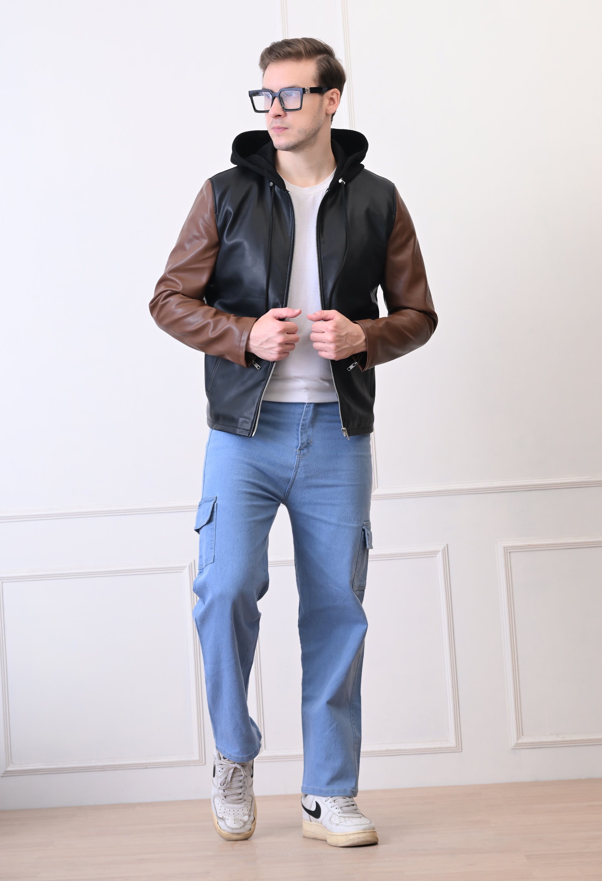 Men Hood Collar Solid Casual Biker Jacket