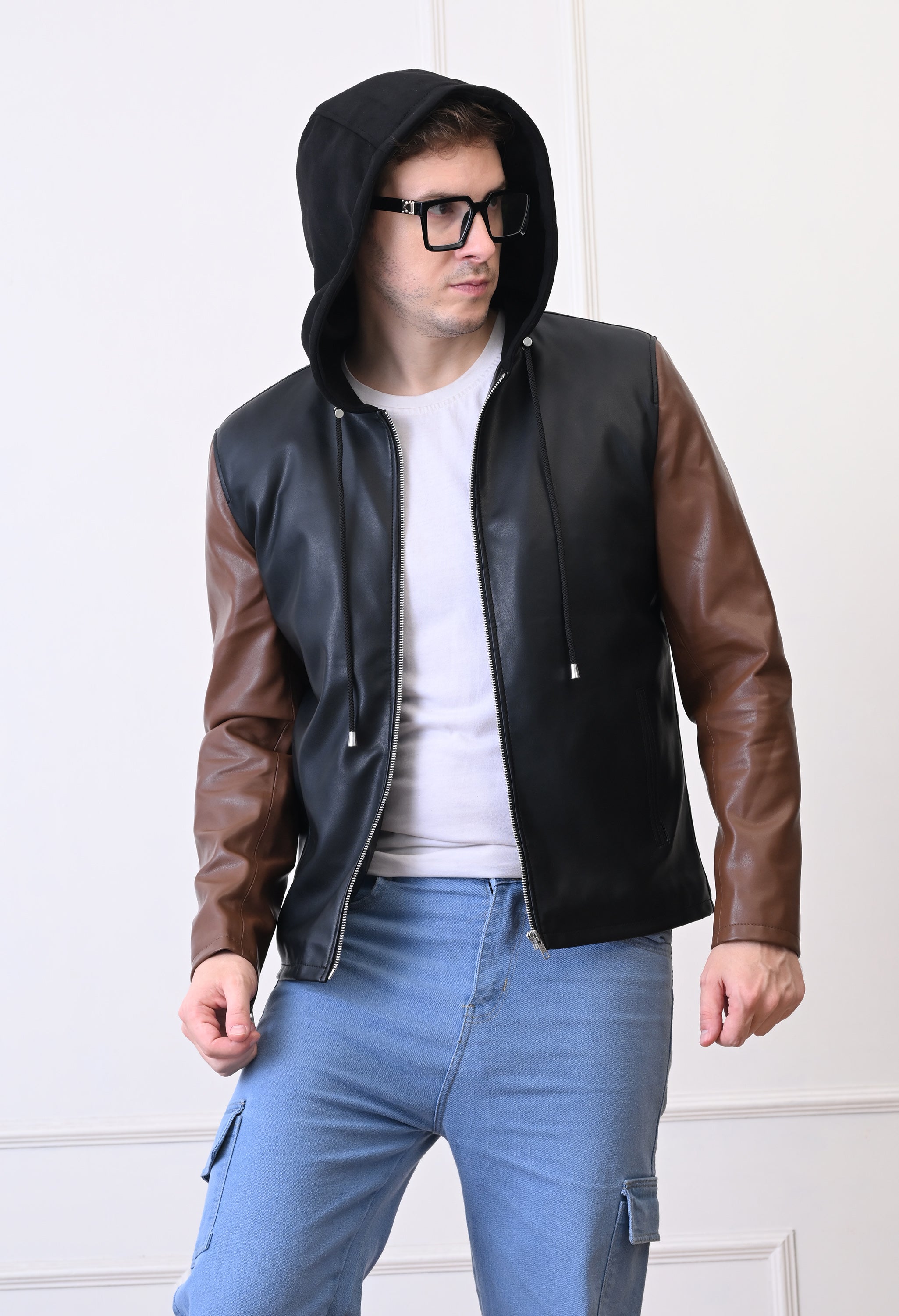 Men Hood Collar Solid Casual Biker Jacket