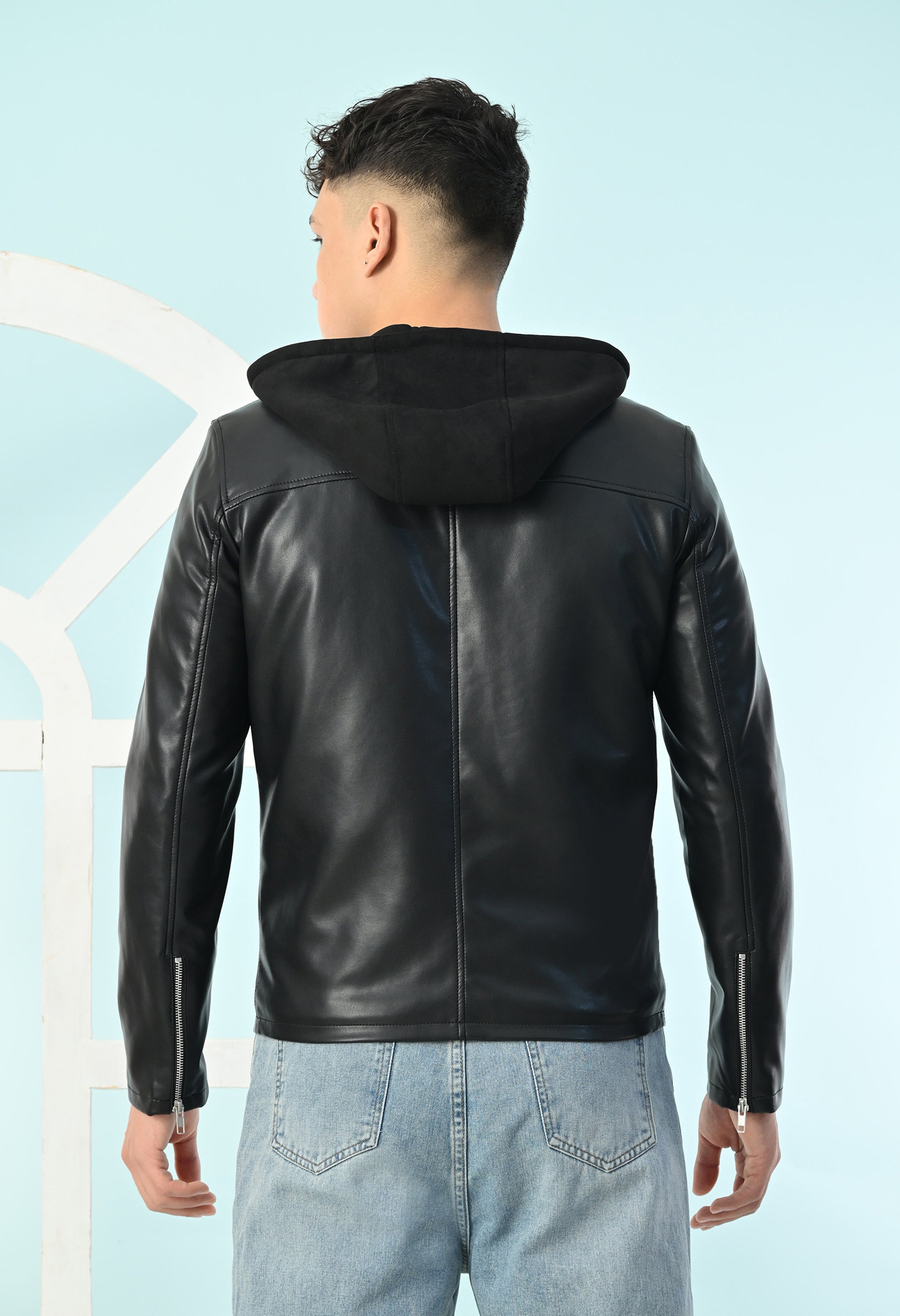 Men Hooded Colourblocked Water Resistant Black Leather Jacket