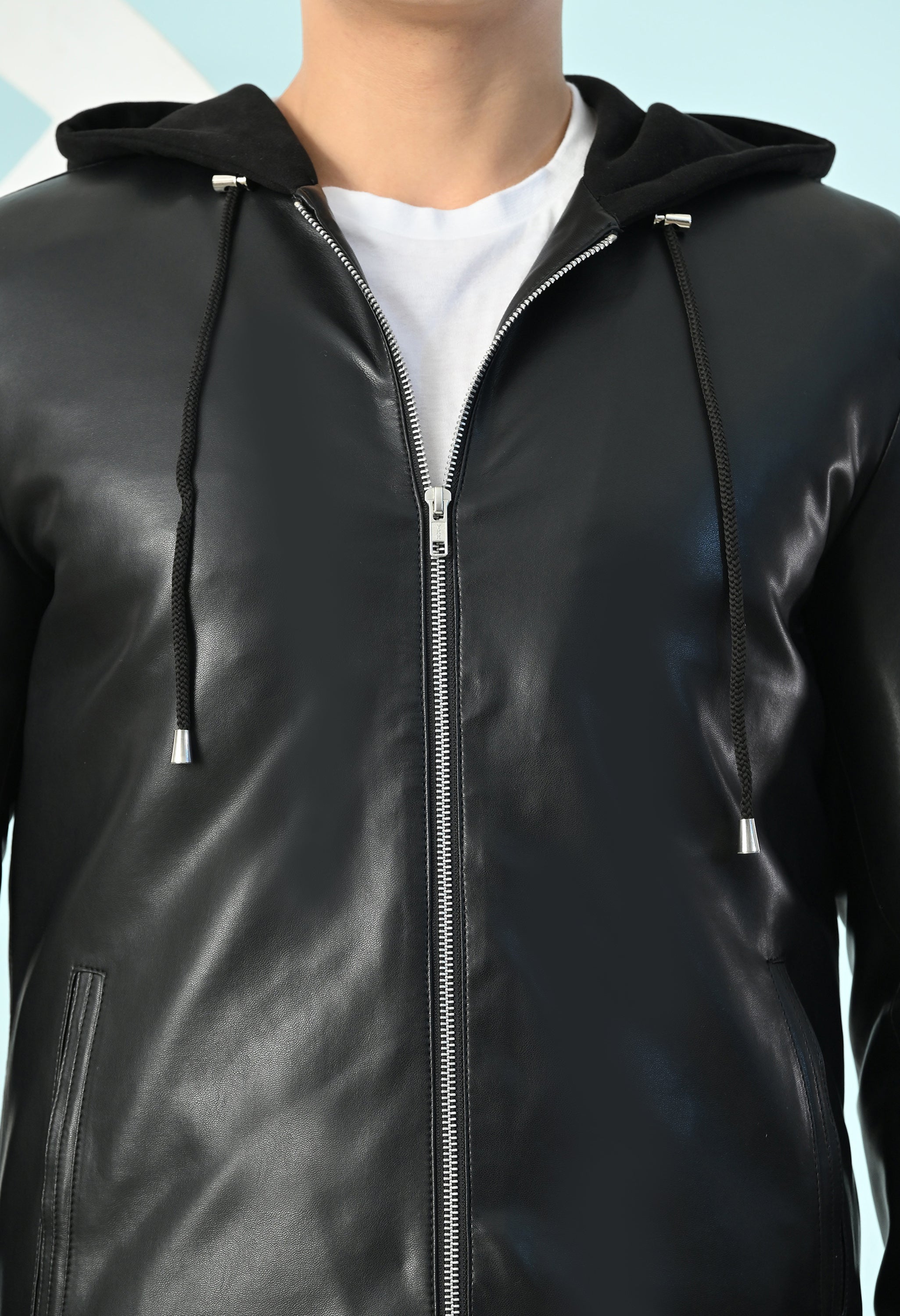 Men Hooded Colourblocked Water Resistant Black Leather Jacket