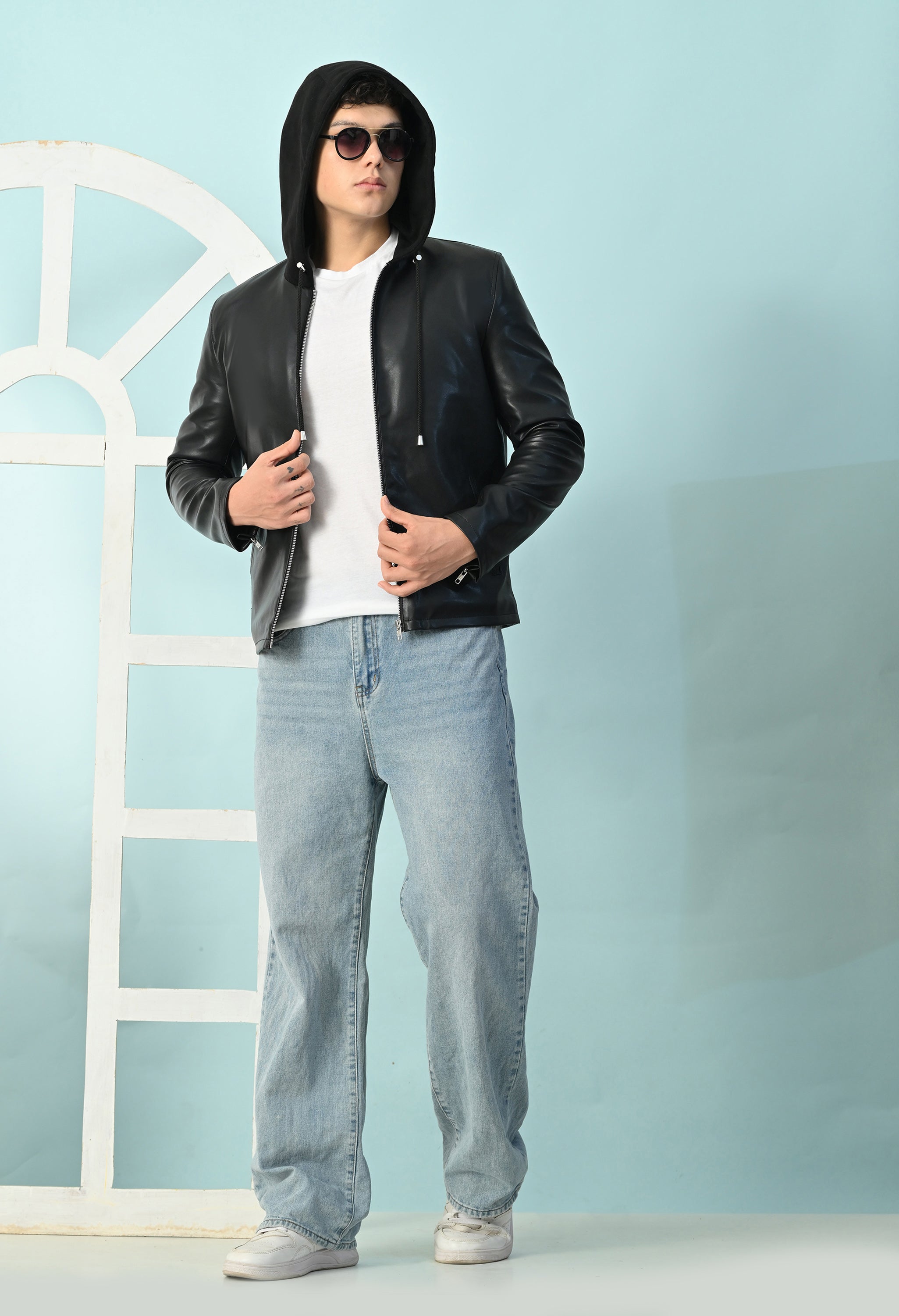 Men Hooded Colourblocked Water Resistant Black Leather Jacket