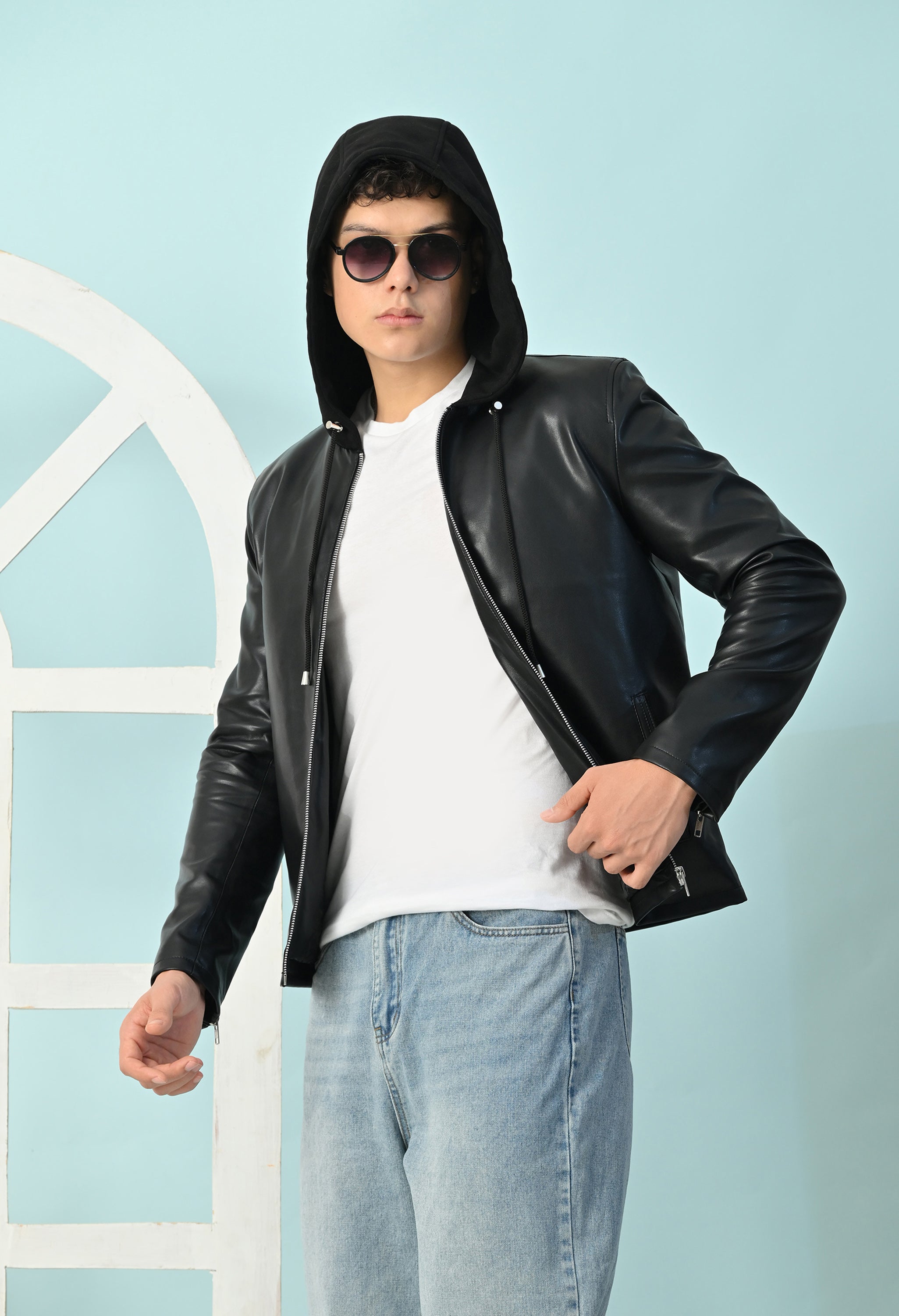 Men Hooded Colourblocked Water Resistant Black Leather Jacket