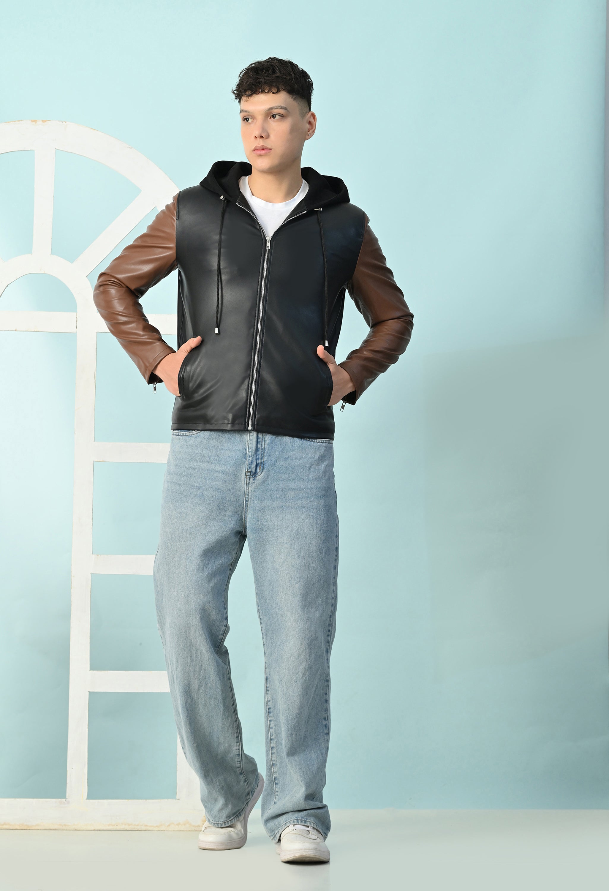 Men Hooded Colourblocked Water Resistant Black&Tan Leather Jacket