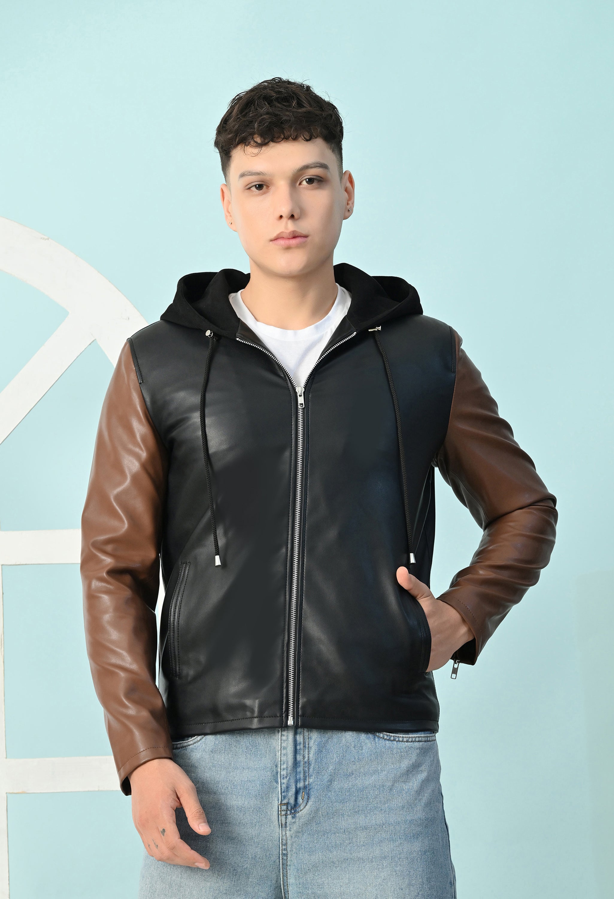 Men Hooded Colourblocked Water Resistant Black&Tan Leather Jacket