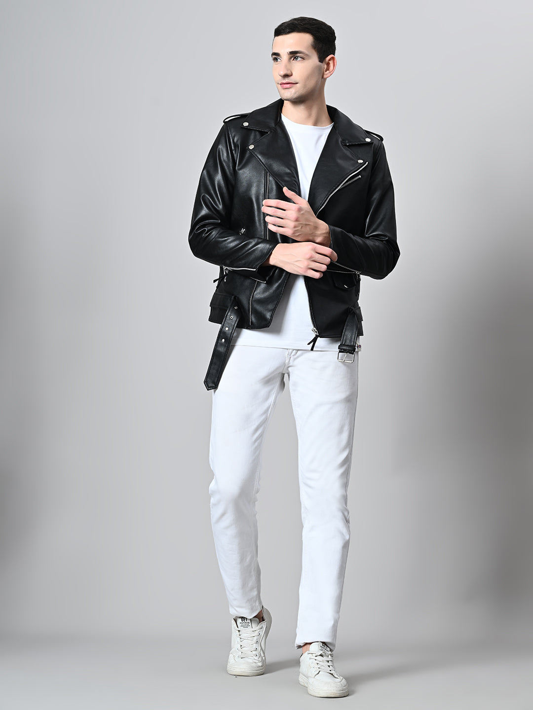 Lapel Collar Solid Casual Biker Black Jacket For Men