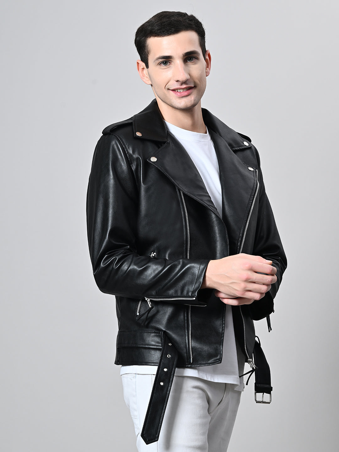 Lapel Collar Solid Casual Biker Black Jacket For Men