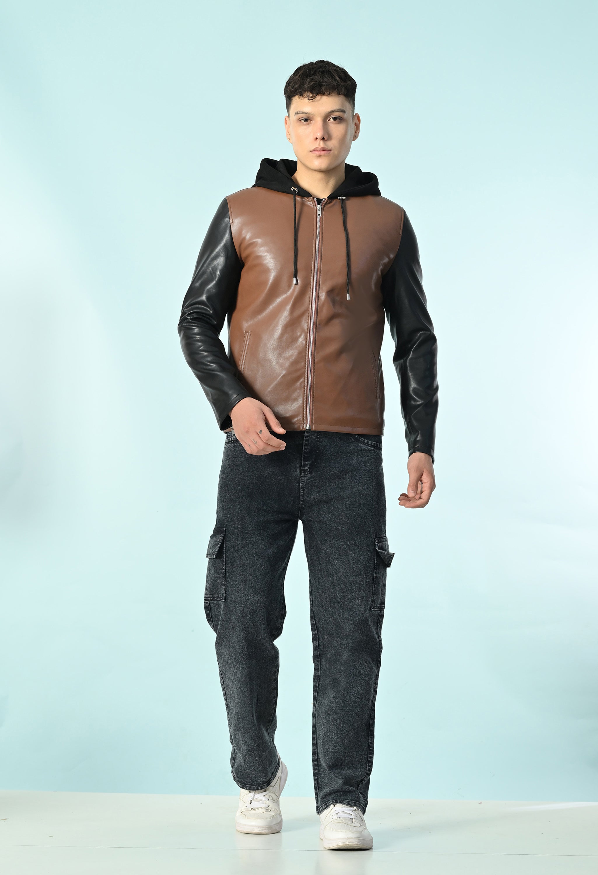 Men Hooded Colourblocked Water Resistant Tan Leather Jacket