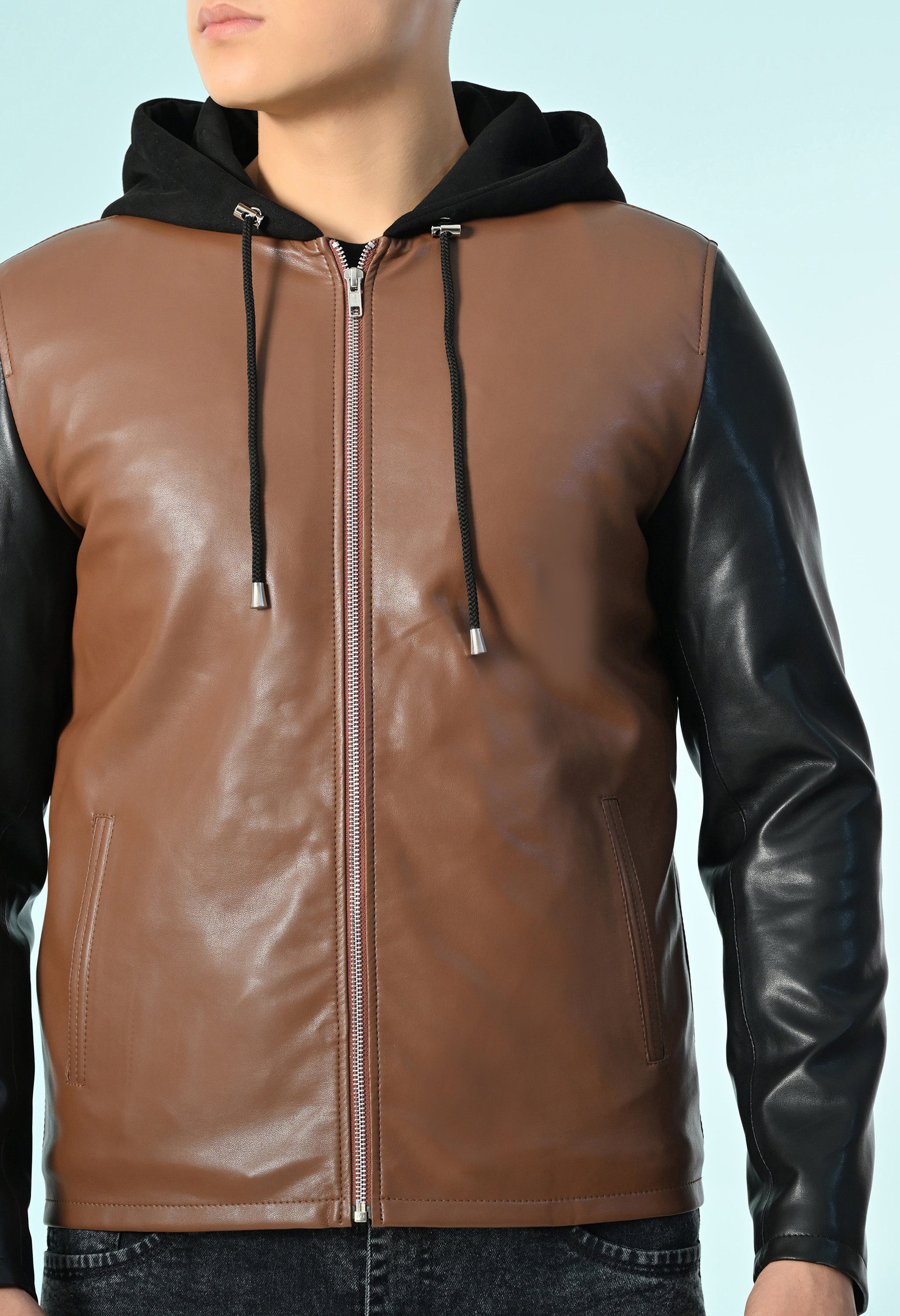 Men Hooded Colourblocked Water Resistant Tan Leather Jacket