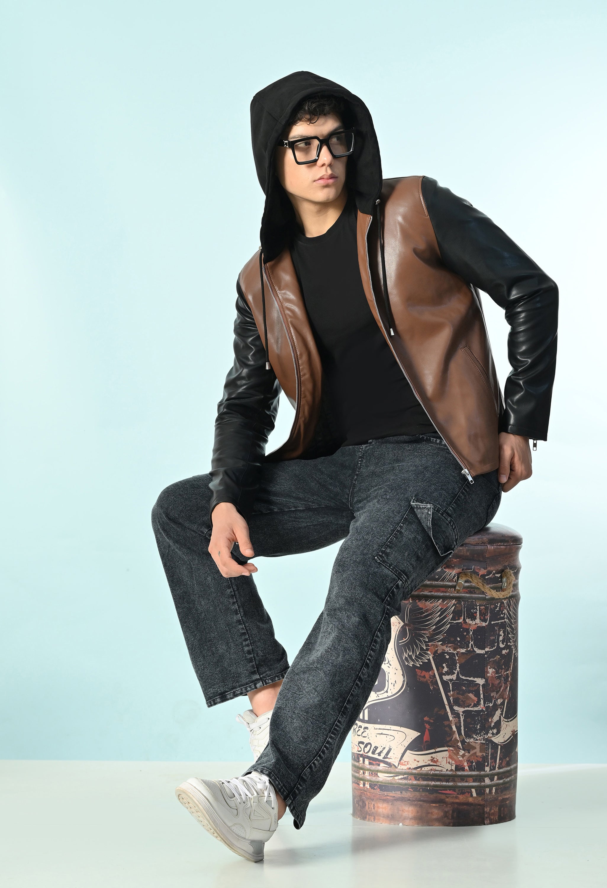 Men Hooded Colourblocked Water Resistant Tan Leather Jacket