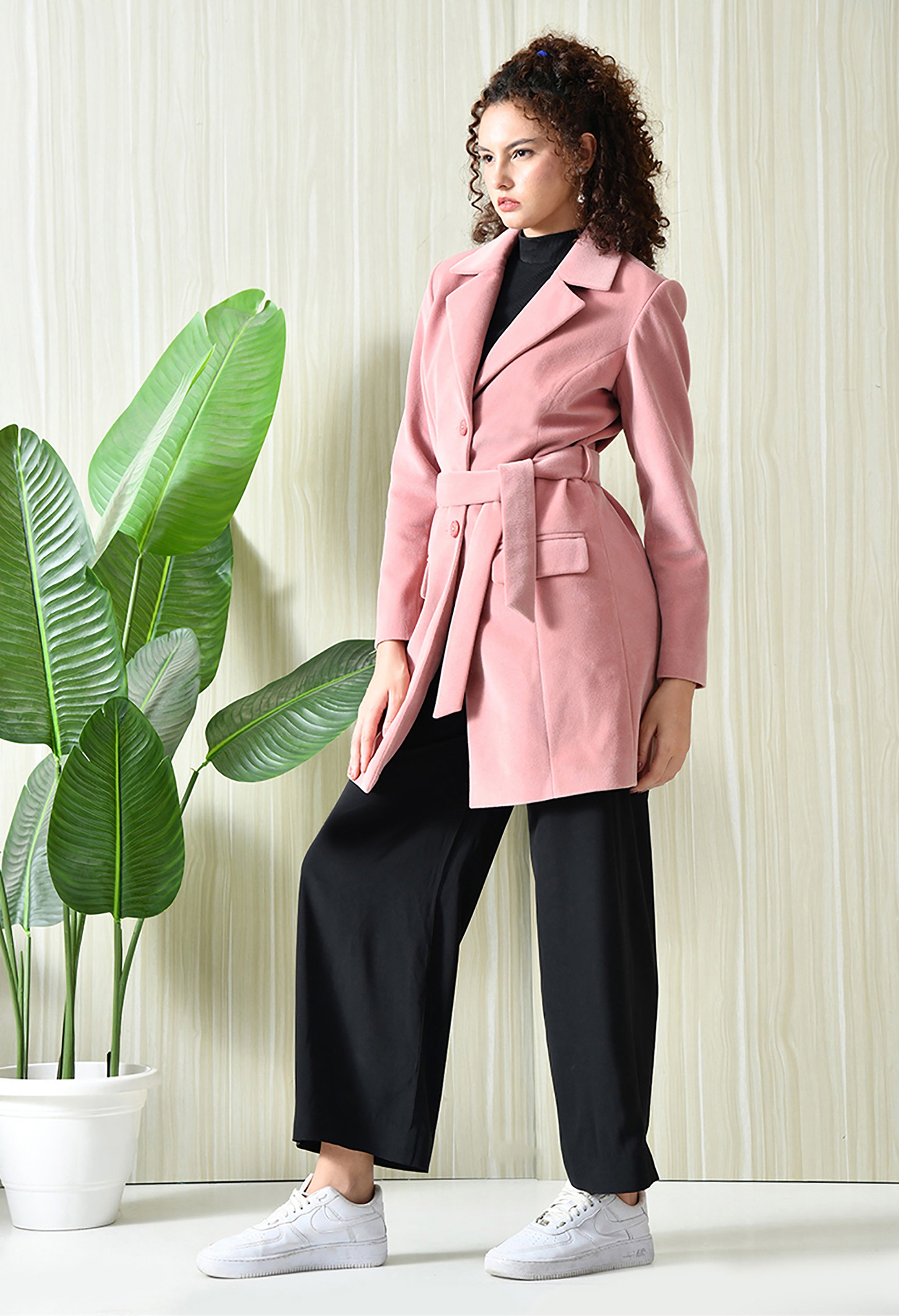 Women Single-Breasted Longline Trench Pink Coat With Belt