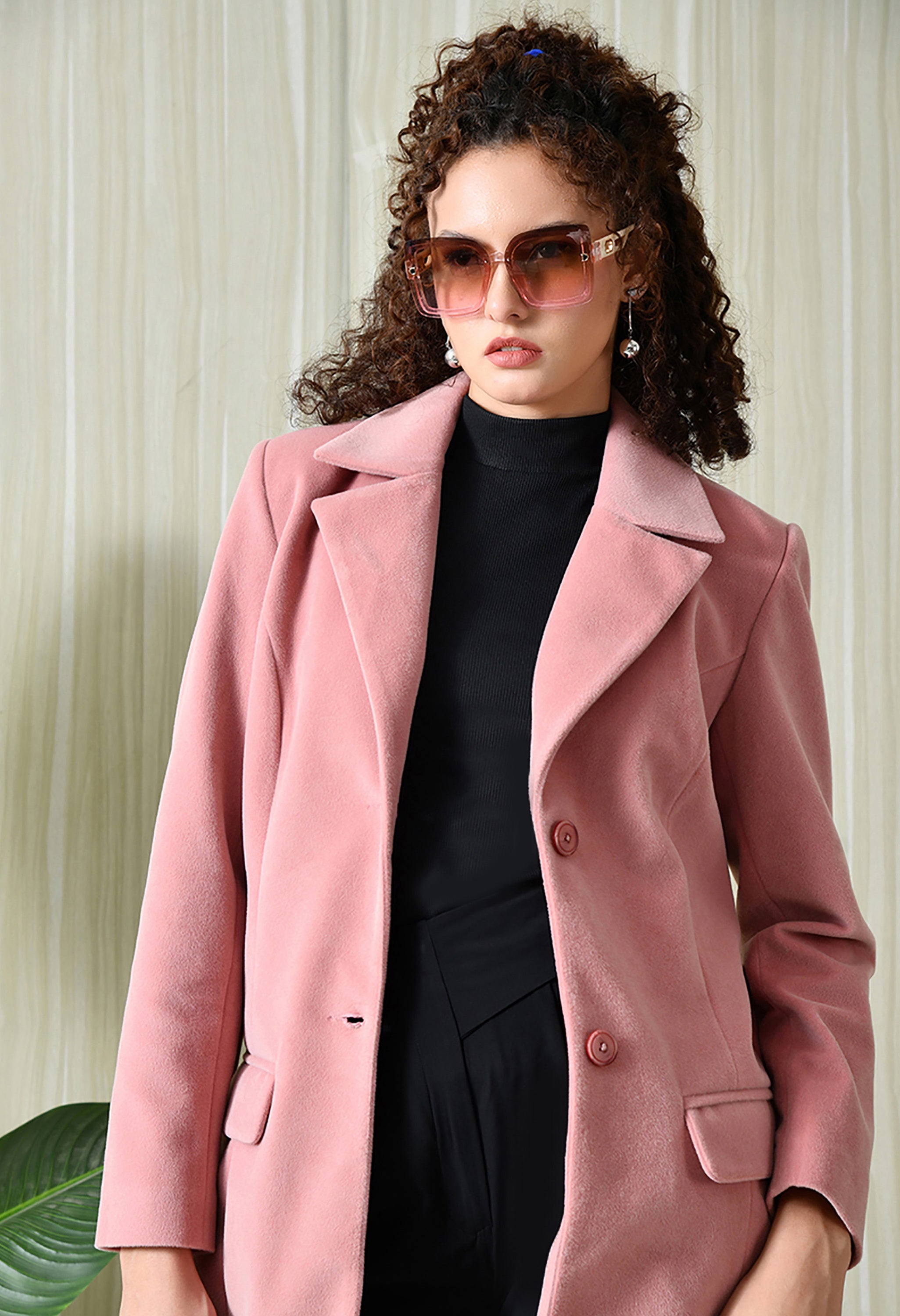 Women Single-Breasted Longline Trench Pink Coat With Belt