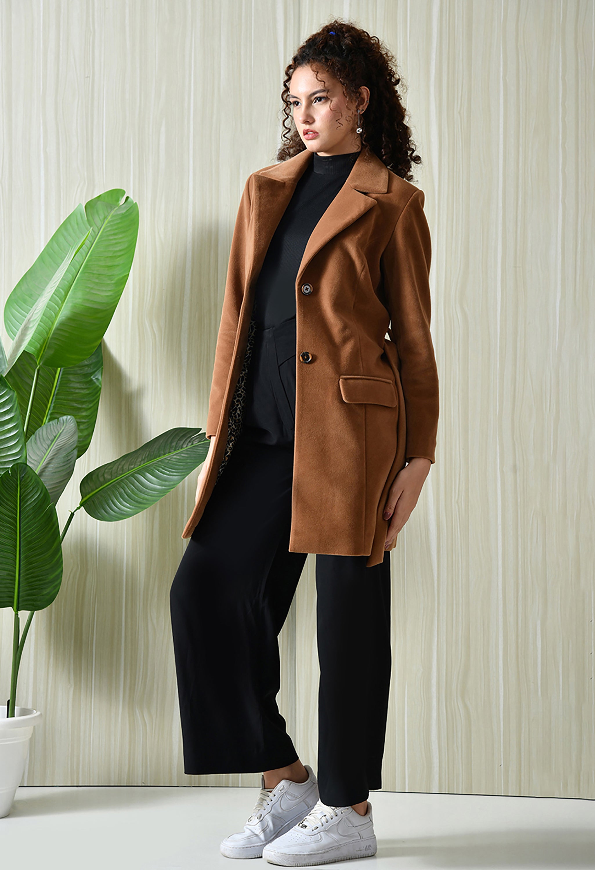 Women Single-Breasted Longline Trench Tan Coat With Belt