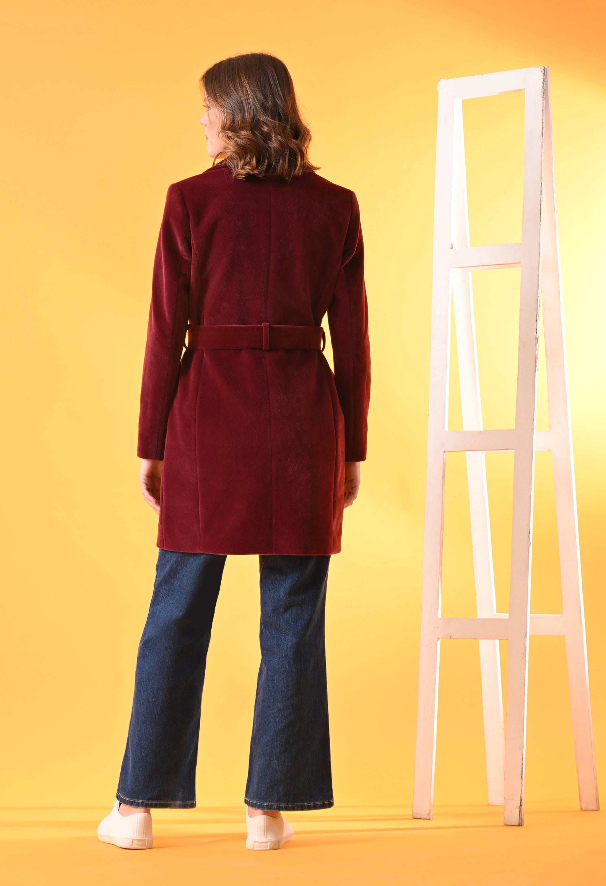 Single-Breasted Maroon Leather Overcoat For Women