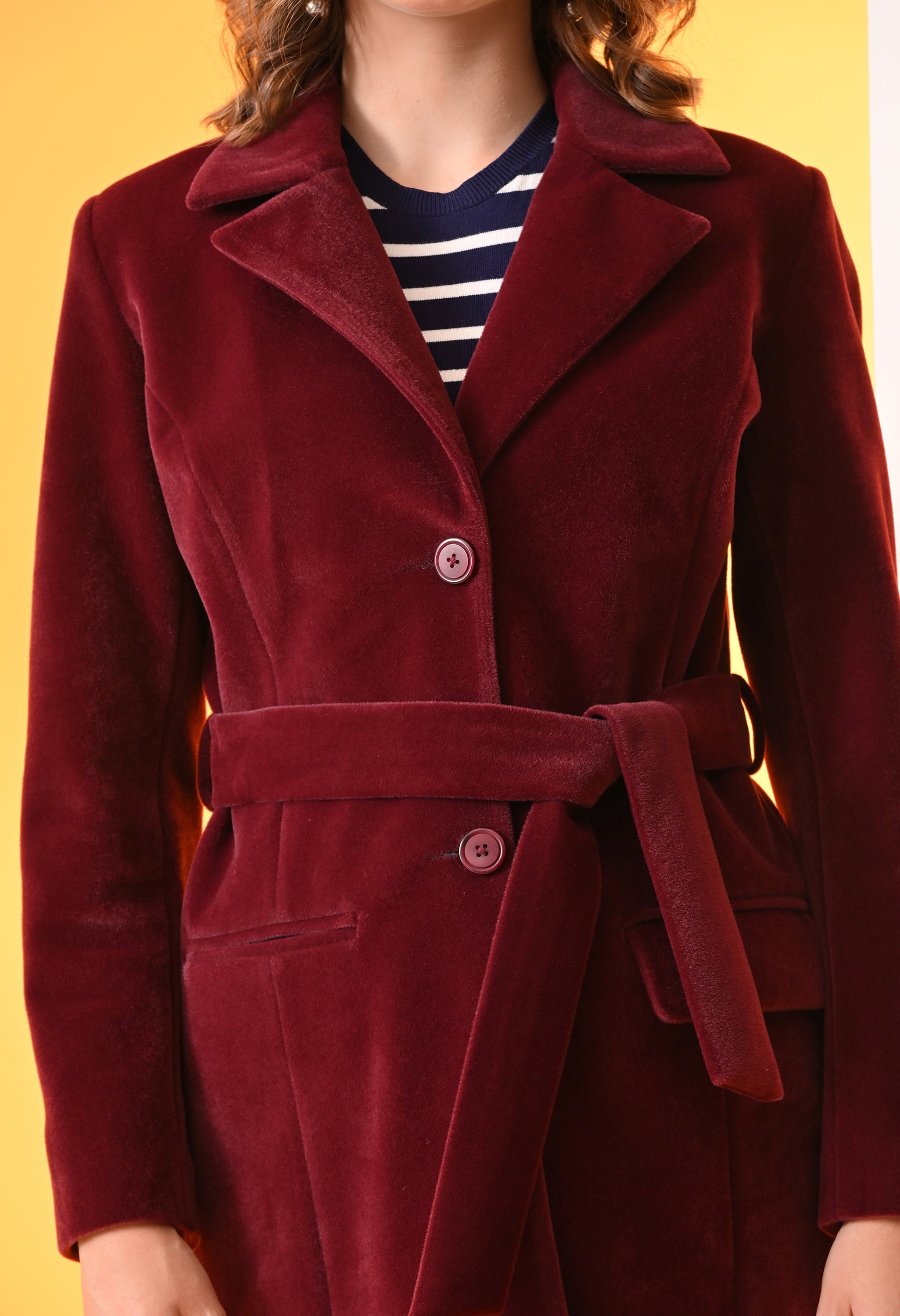 Single-Breasted Maroon Leather Overcoat For Women
