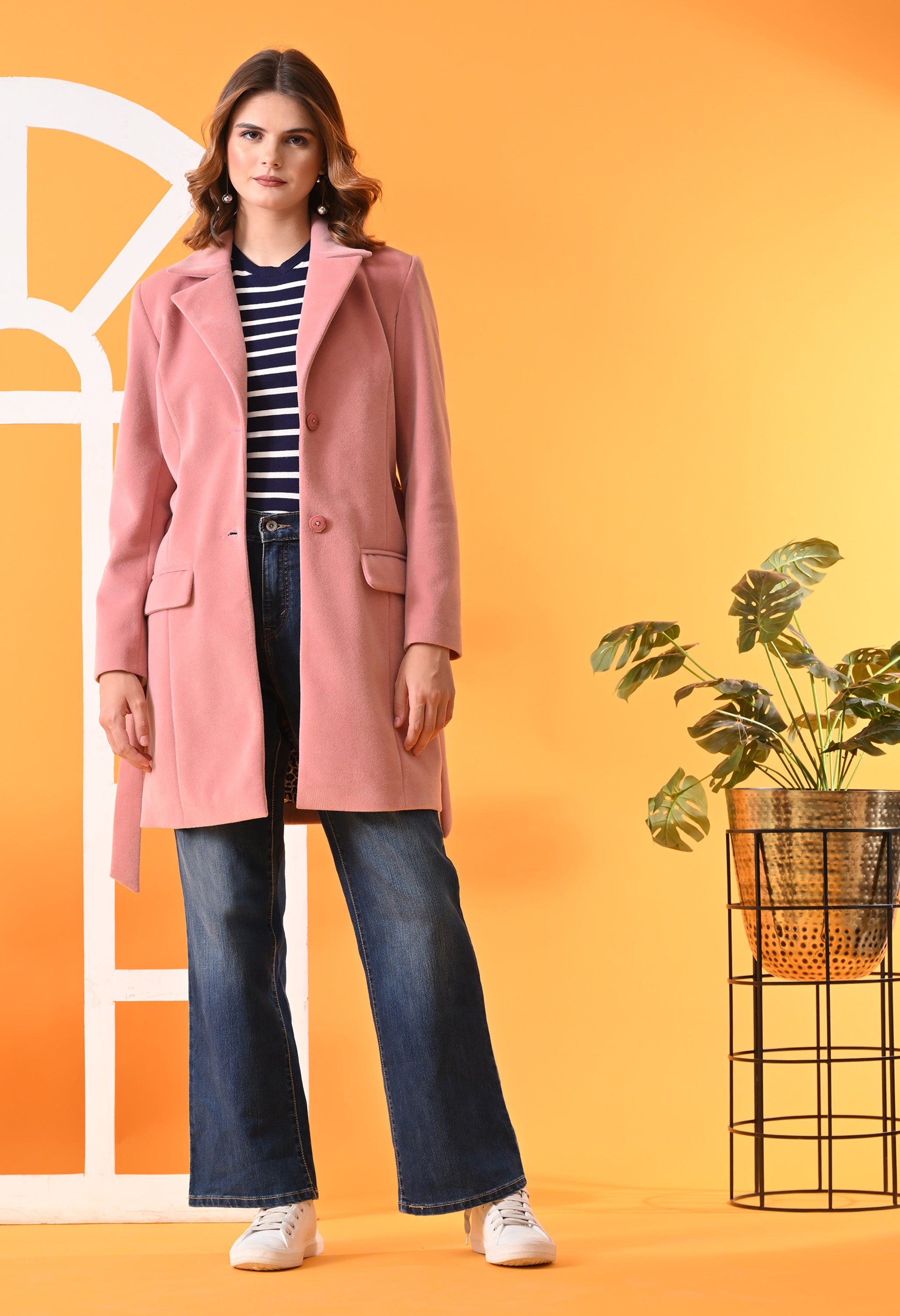 Single-Breasted Pink Leather Overcoat For Women