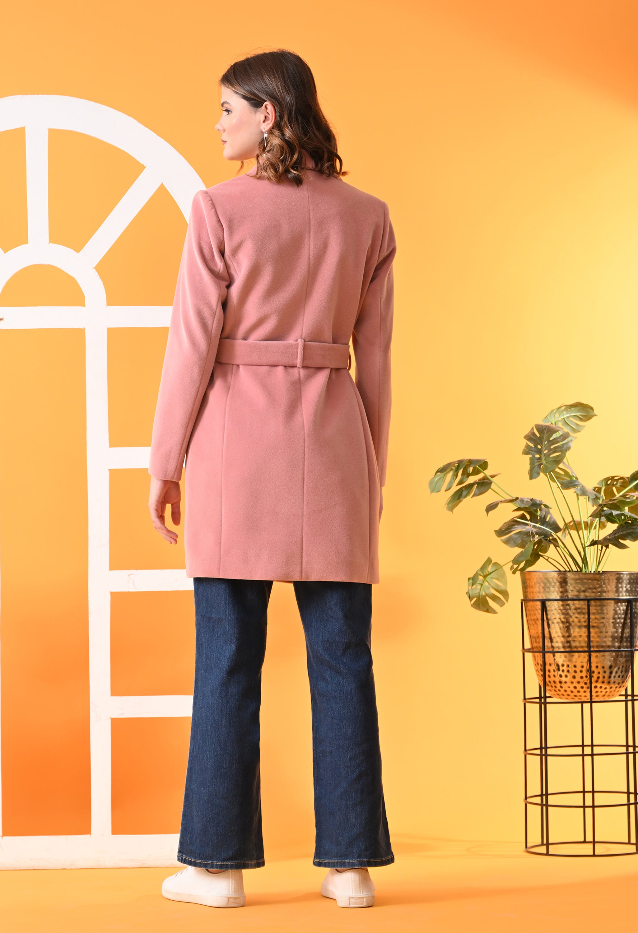 Single-Breasted Pink Leather Overcoat For Women