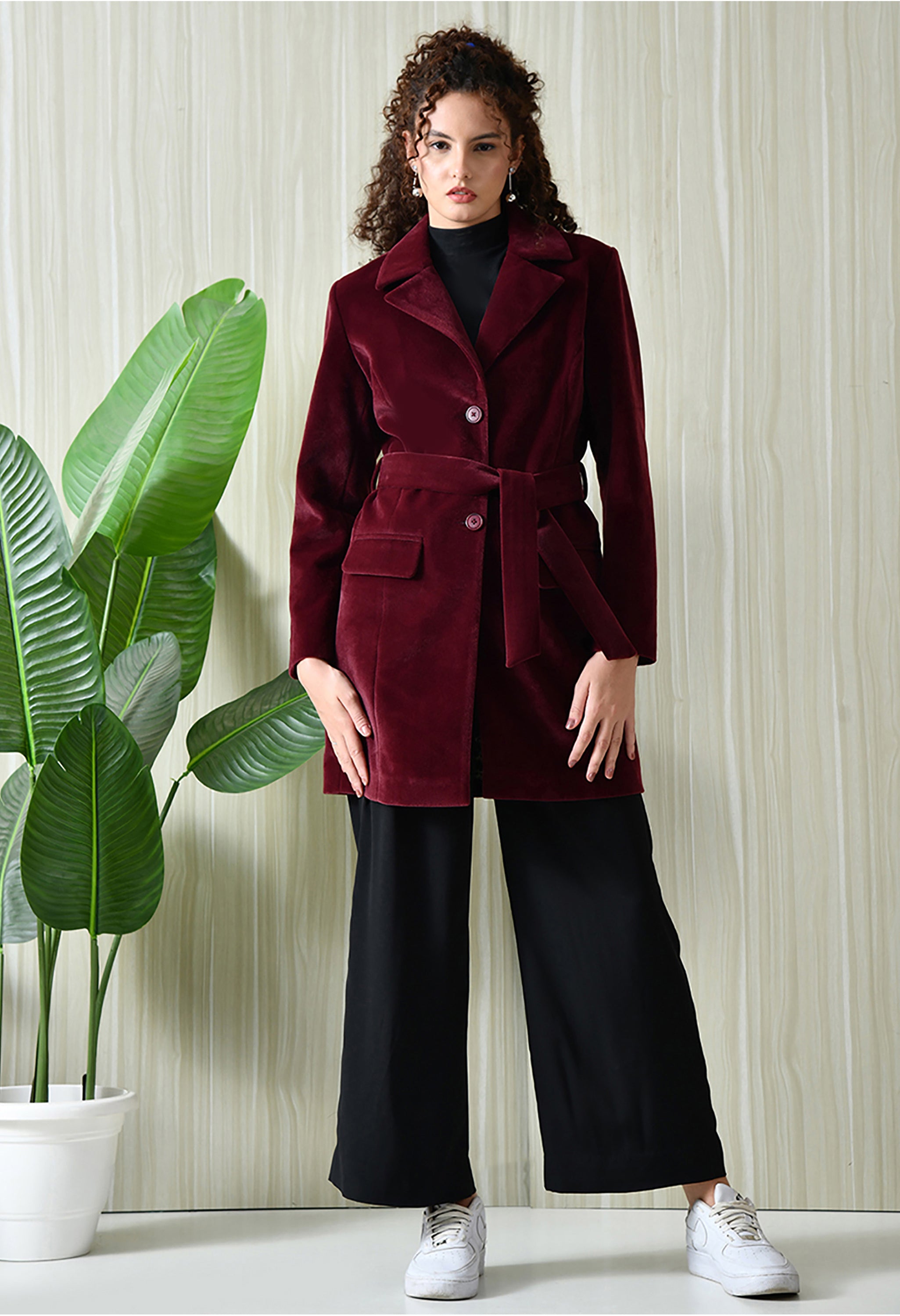 Women Single-Breasted Longline Trench Maroon Coat With Belt