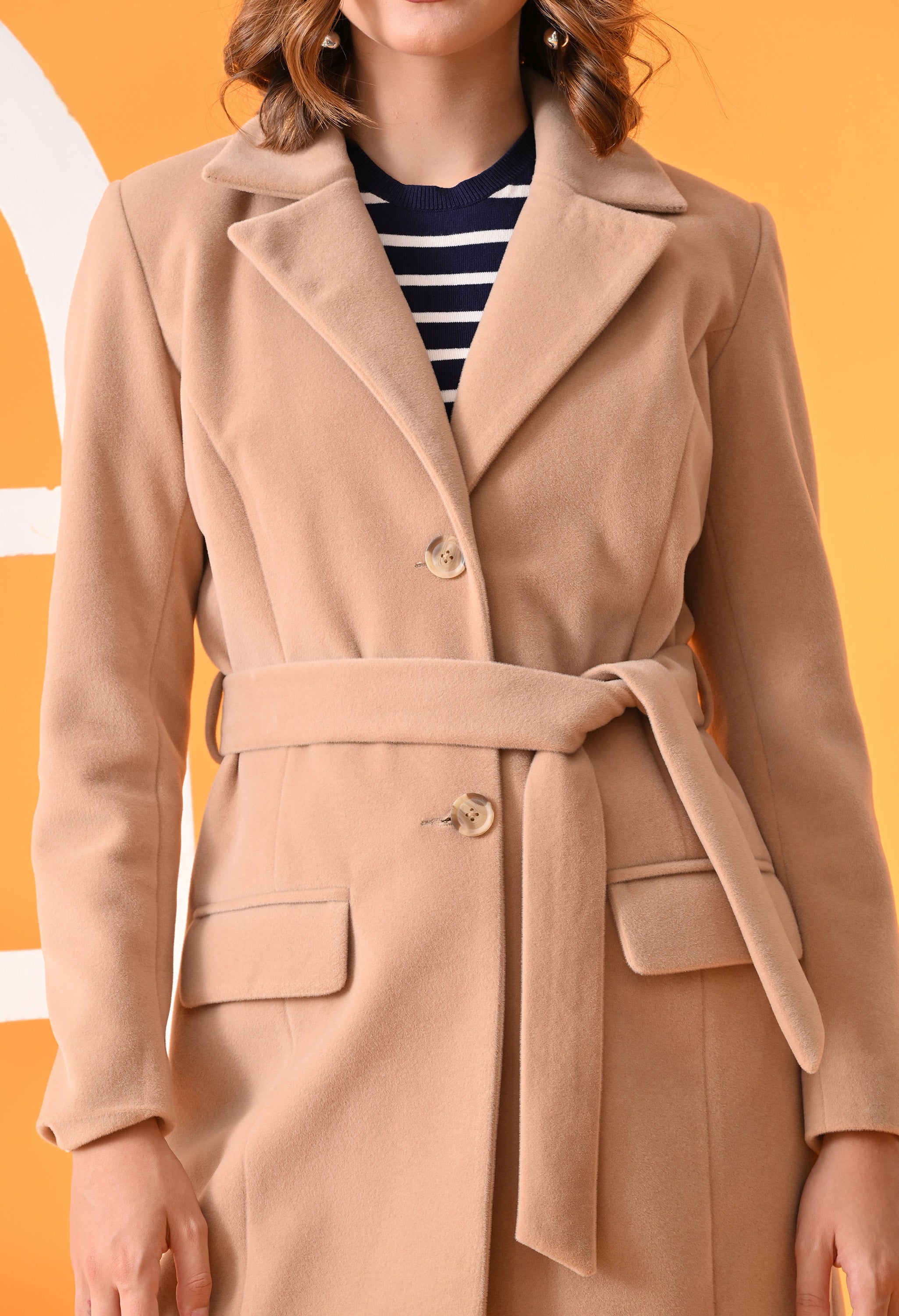 Single-Breasted Beige Leather  Overcoat For Women