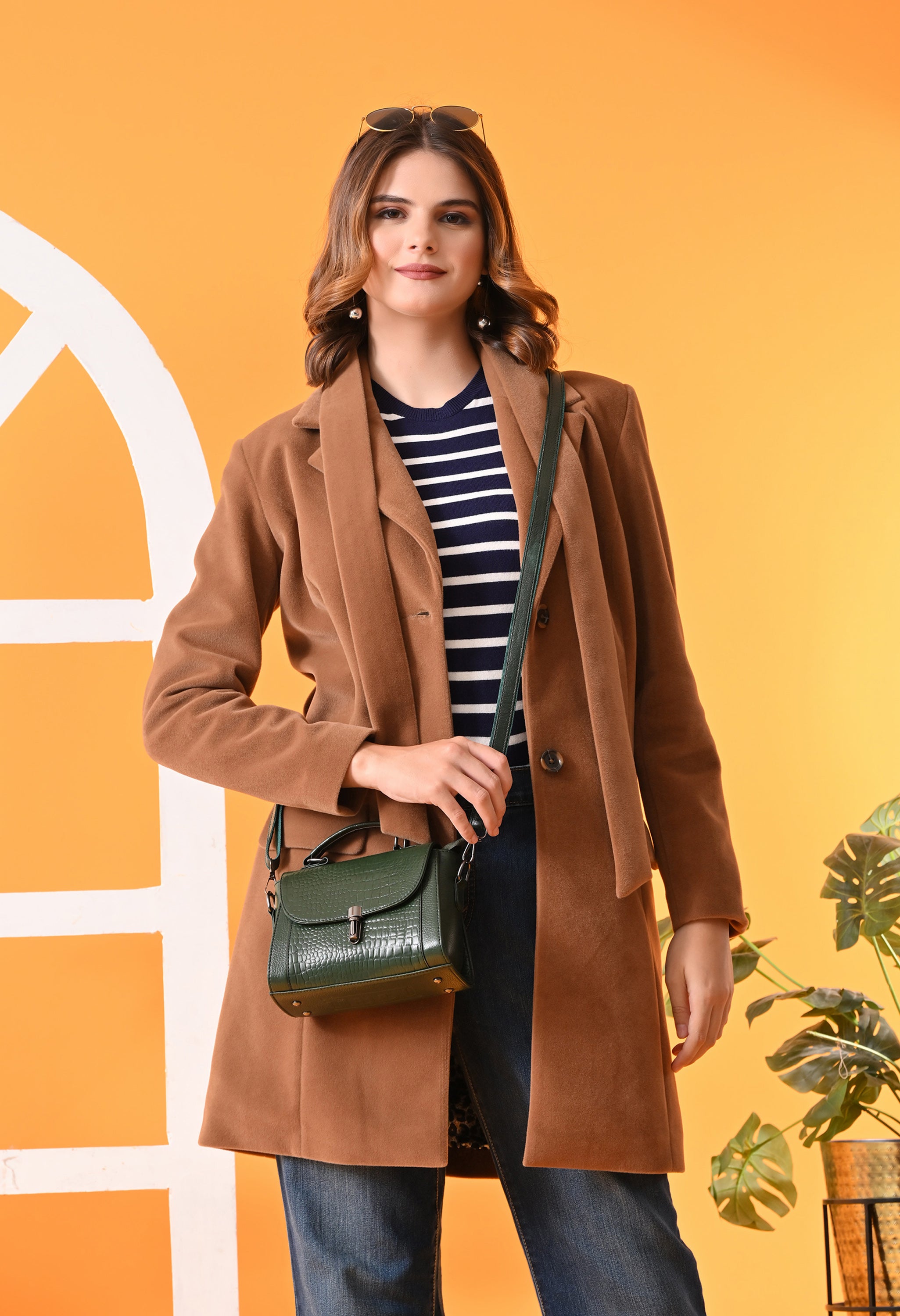 Single-Breasted Tan Leather Overcoat For Women