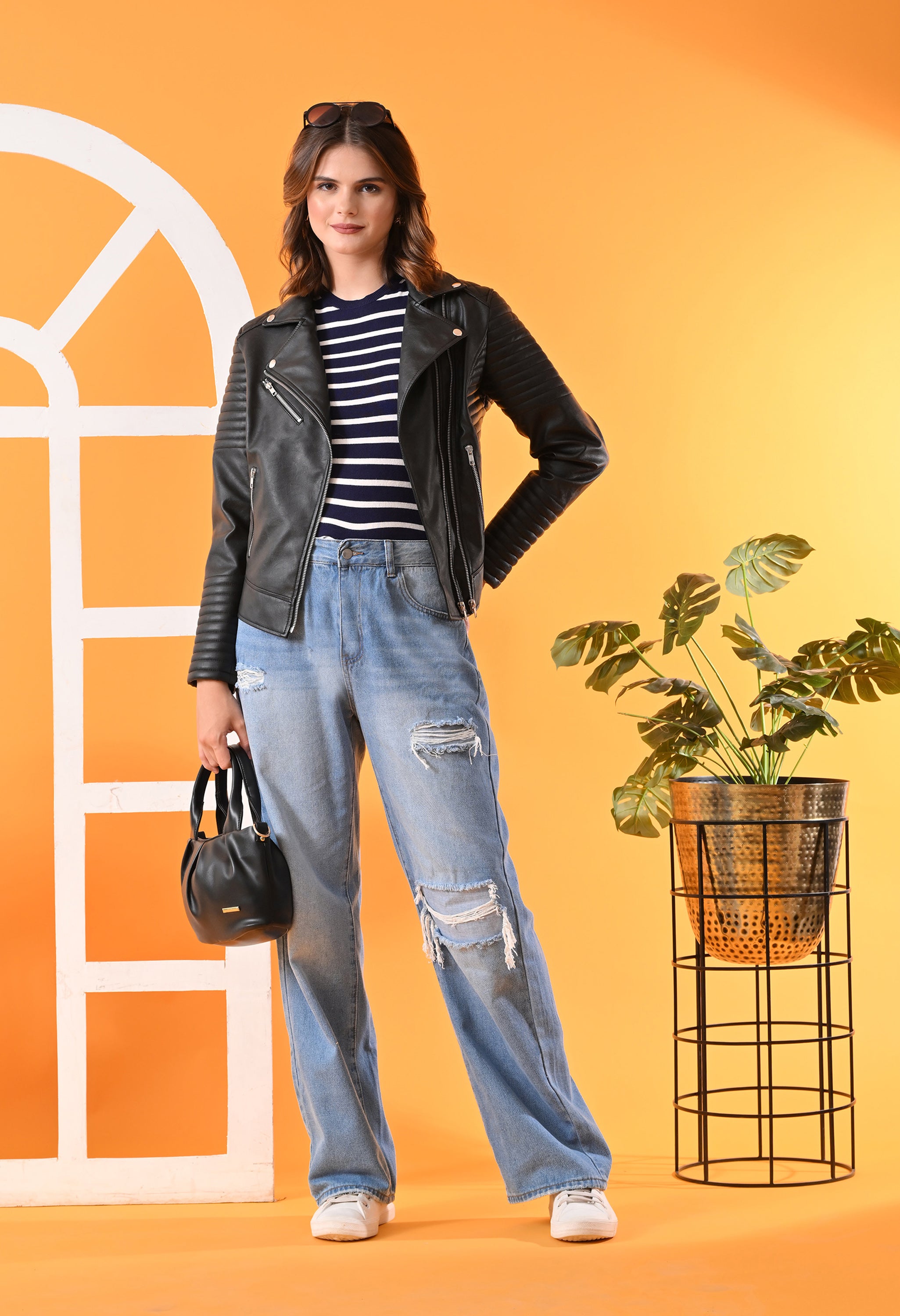 Leather Water Resistant Crop Outdoor Biker Black Jacket for women