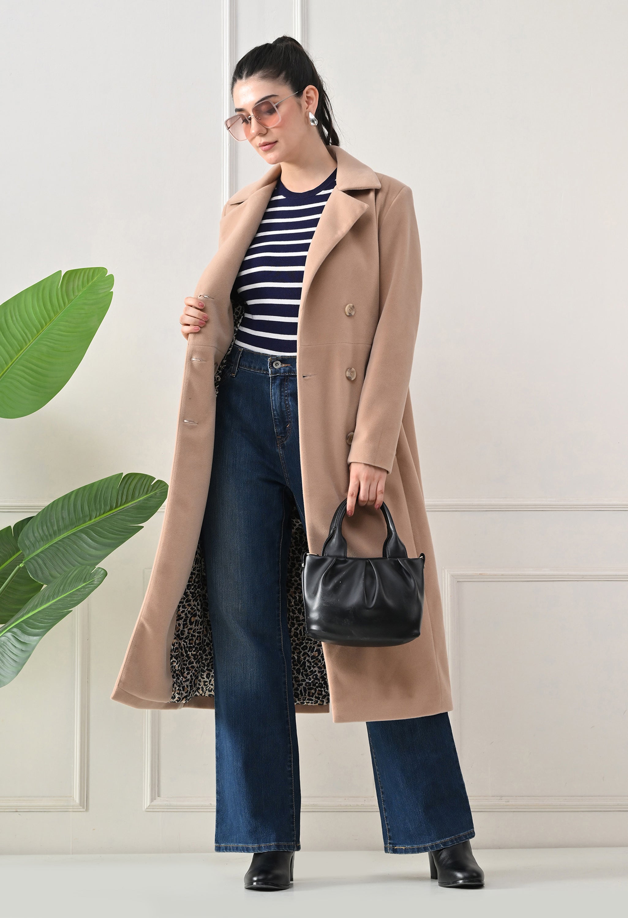 Women Belted Notched Lapel Double-Breasted Longline Beige Trench Coat