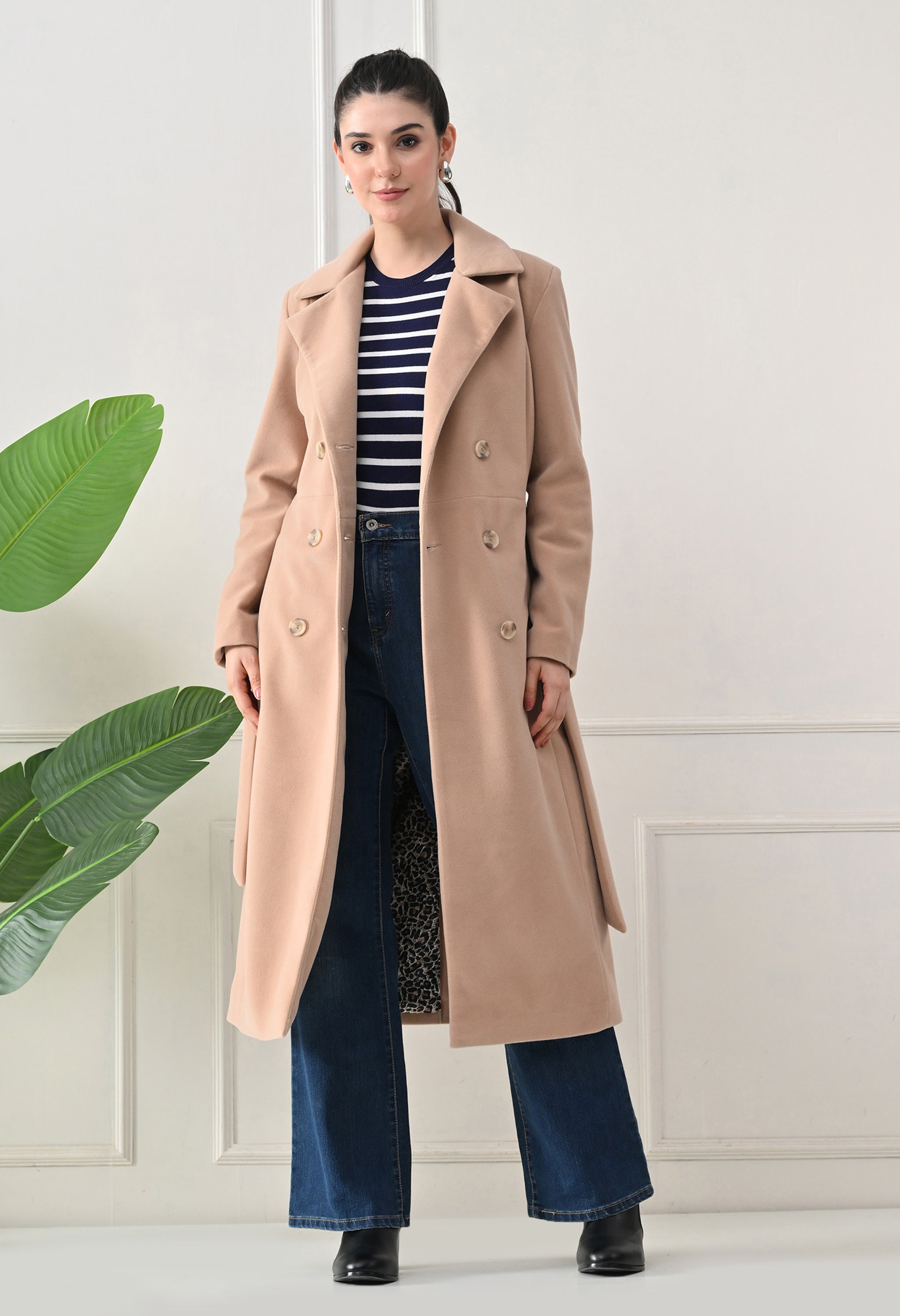 Women Belted Notched Lapel Double-Breasted Longline Beige Trench Coat