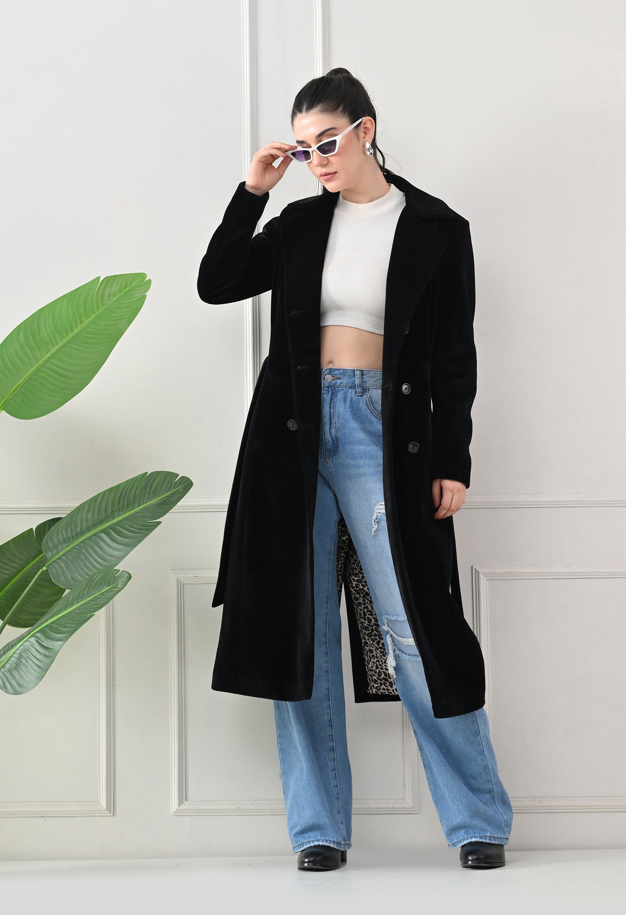 Women Belted Notched Lapel Double-Breasted Longline Black Trench Coat