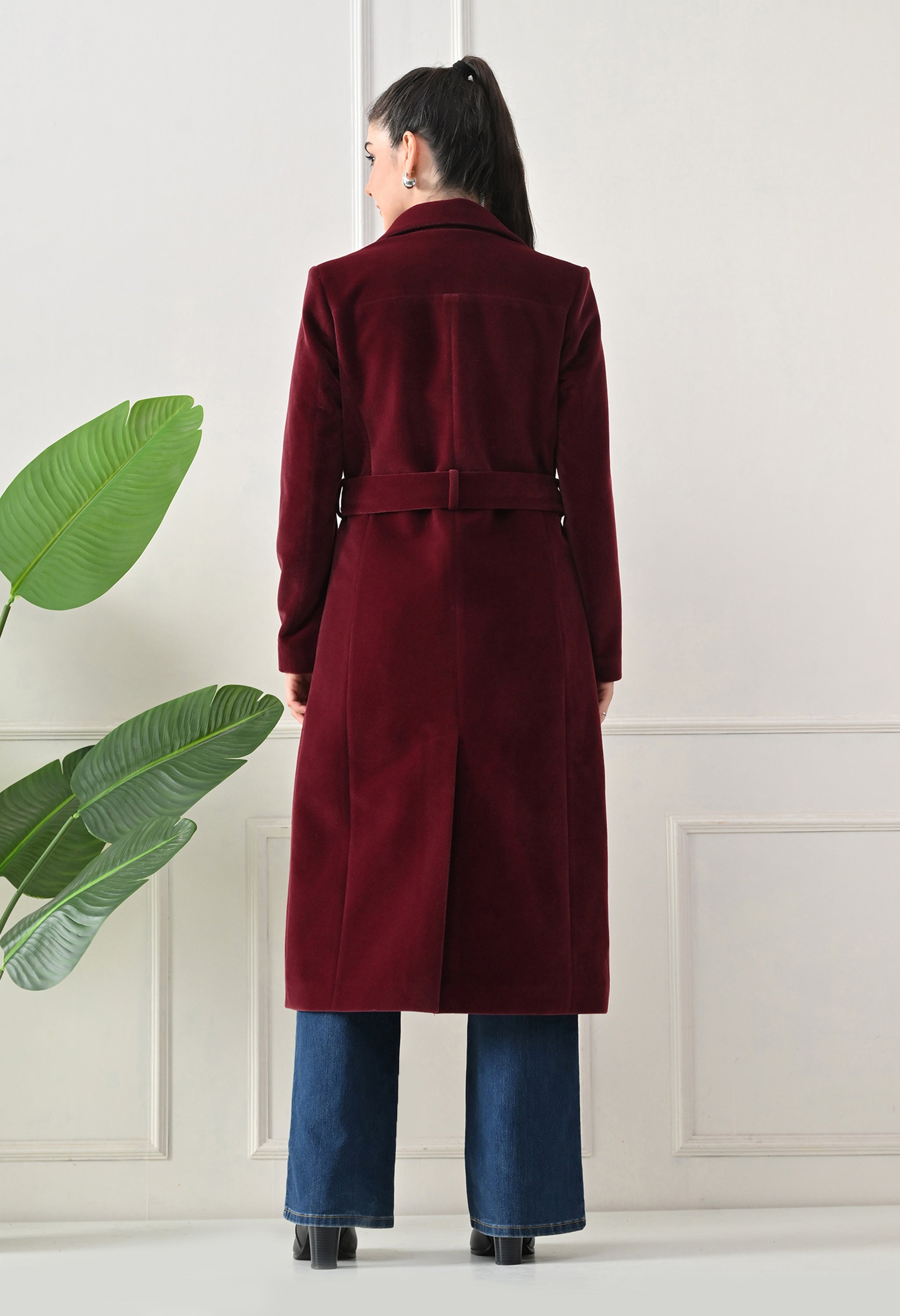 Women Belted Notched Lapel Double-Breasted Longline Maroon Trench Coat