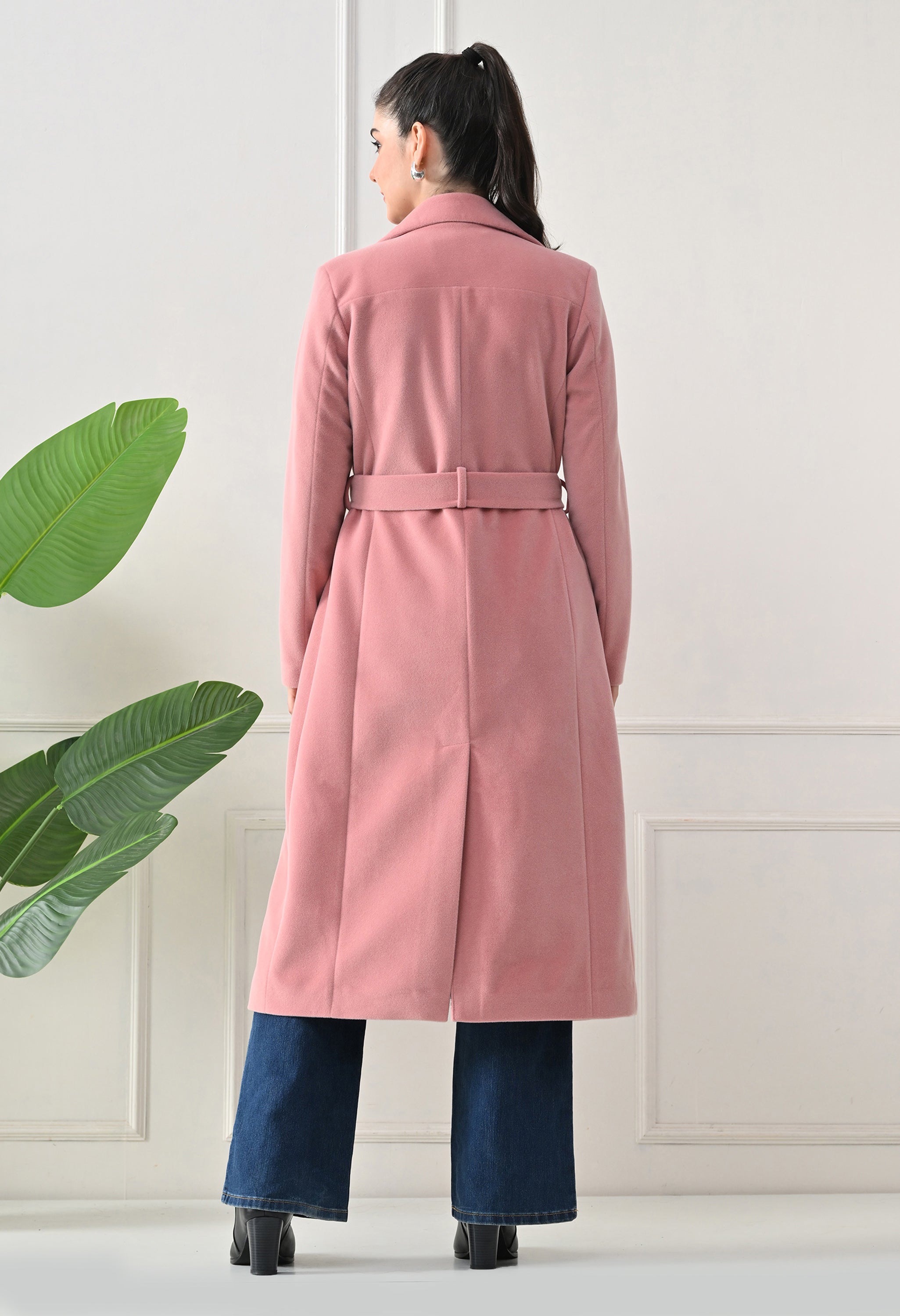Women Belted Notched Lapel Double-Breasted Longline Pink Trench Coat