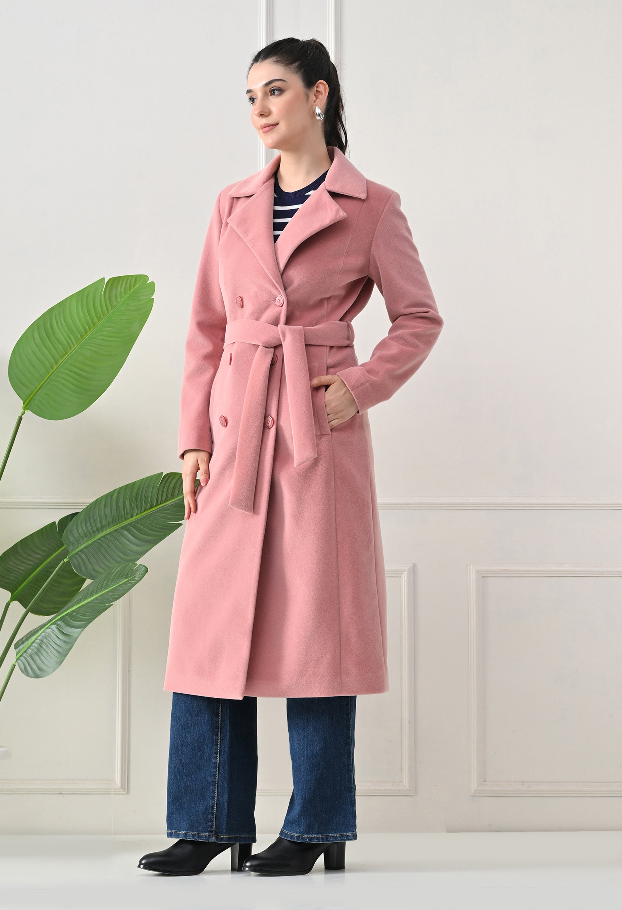 Women Belted Notched Lapel Double-Breasted Longline Pink Trench Coat