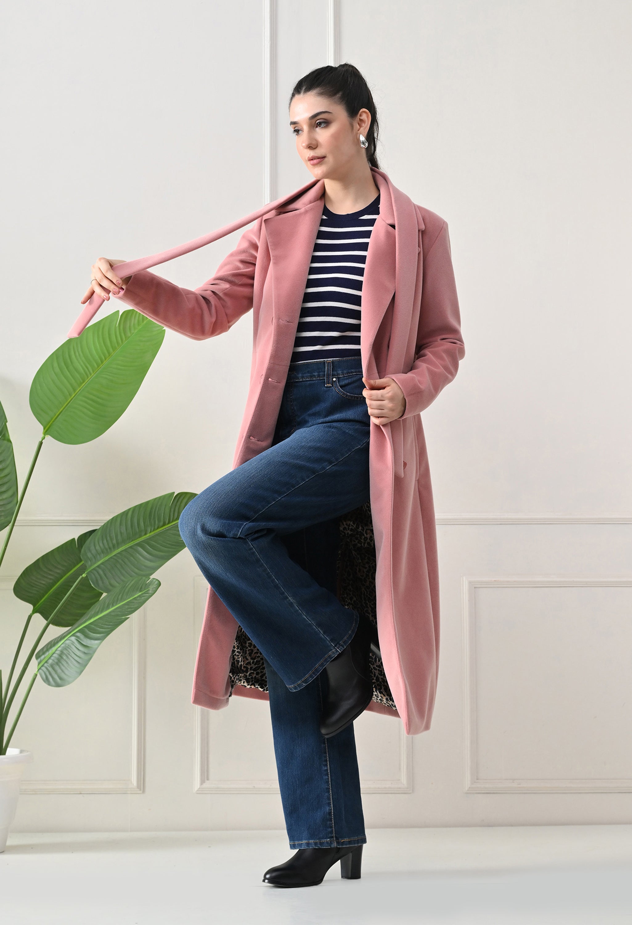 Women Belted Notched Lapel Double-Breasted Longline Pink Trench Coat